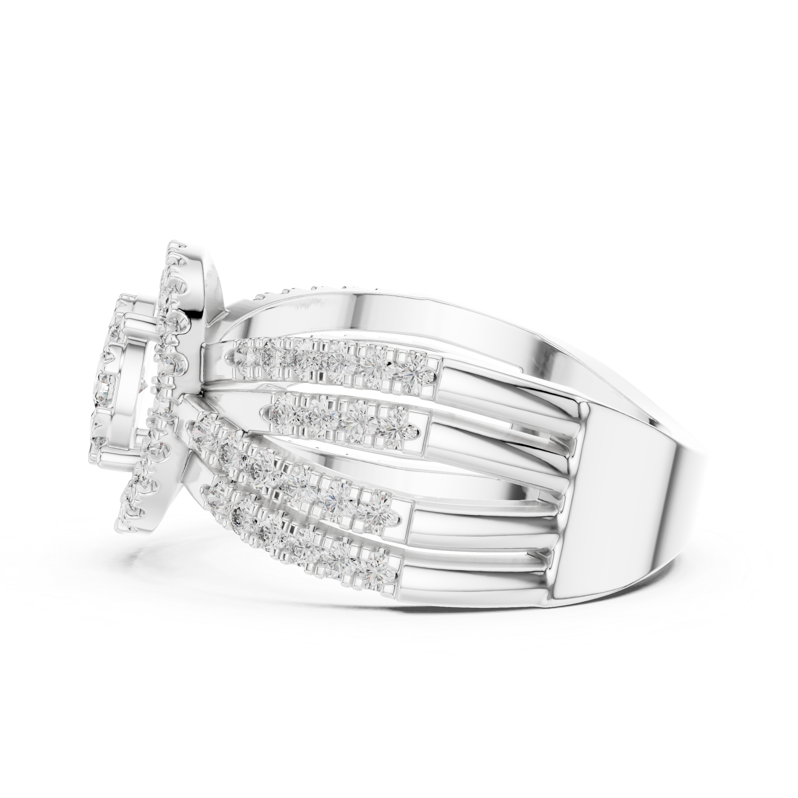 Round Halo Diamond Ring with Triple Split Shank Pavé Band