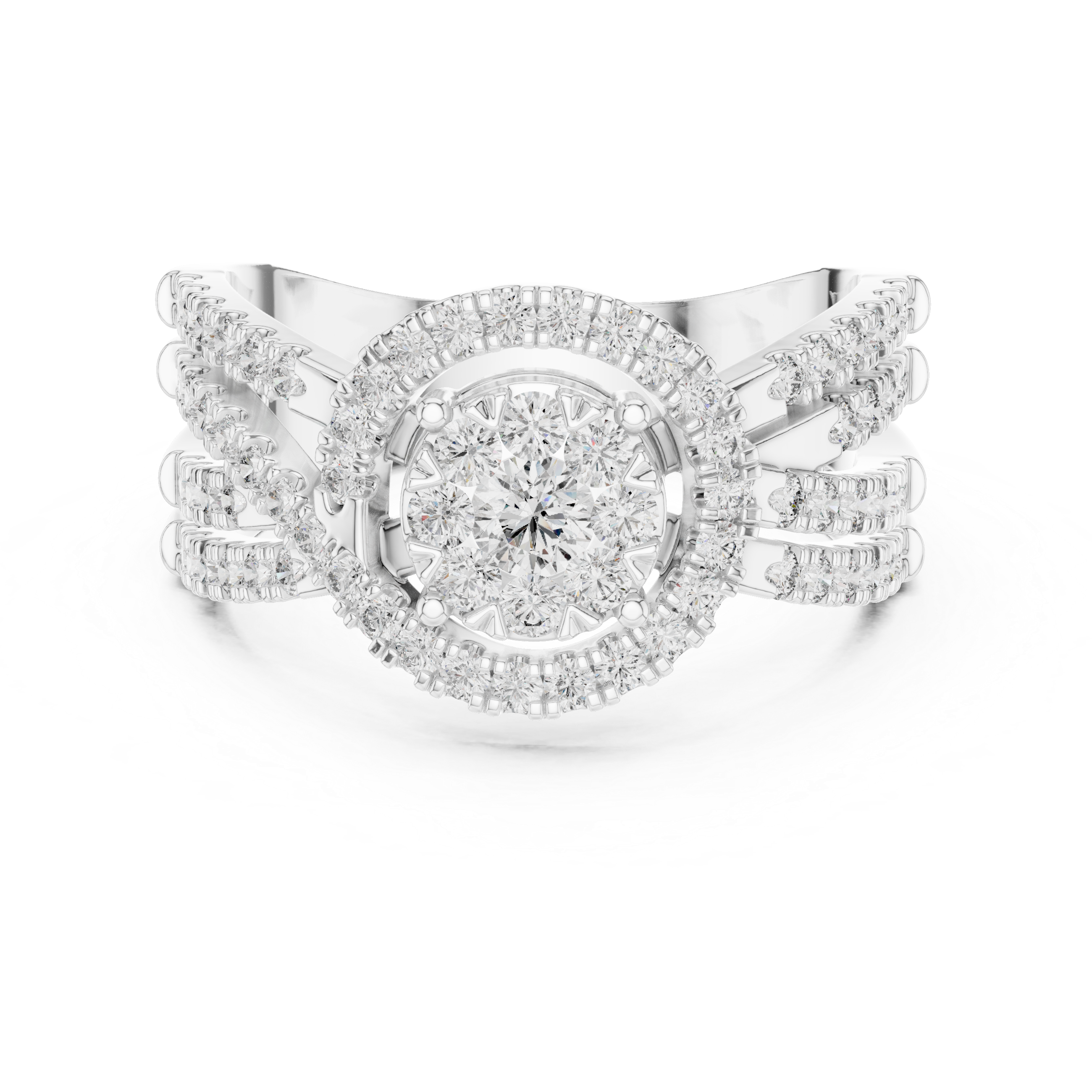 Round Halo Diamond Ring with Triple Split Shank Pavé Band
