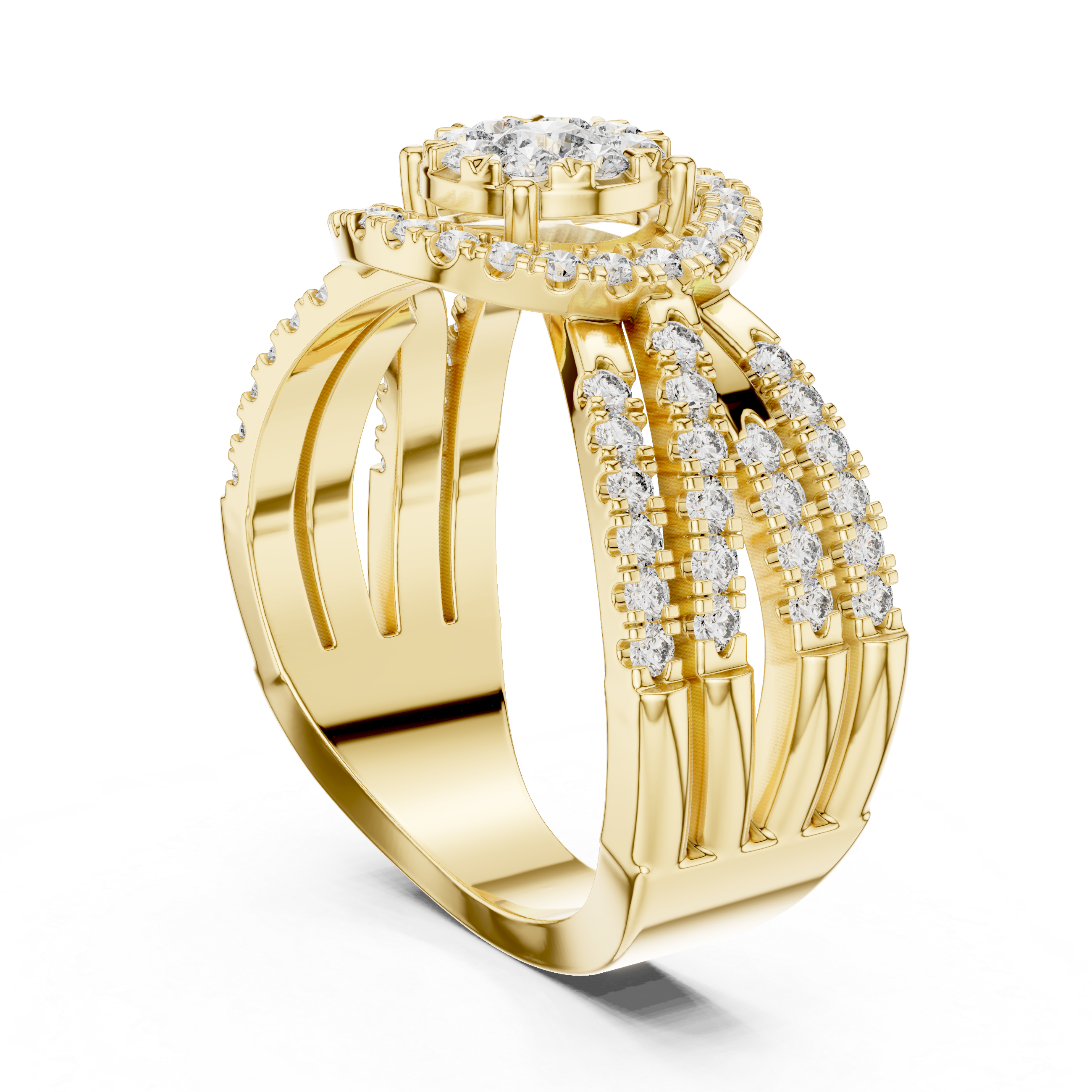 Round Halo Diamond Ring with Triple Split Shank Pavé Band