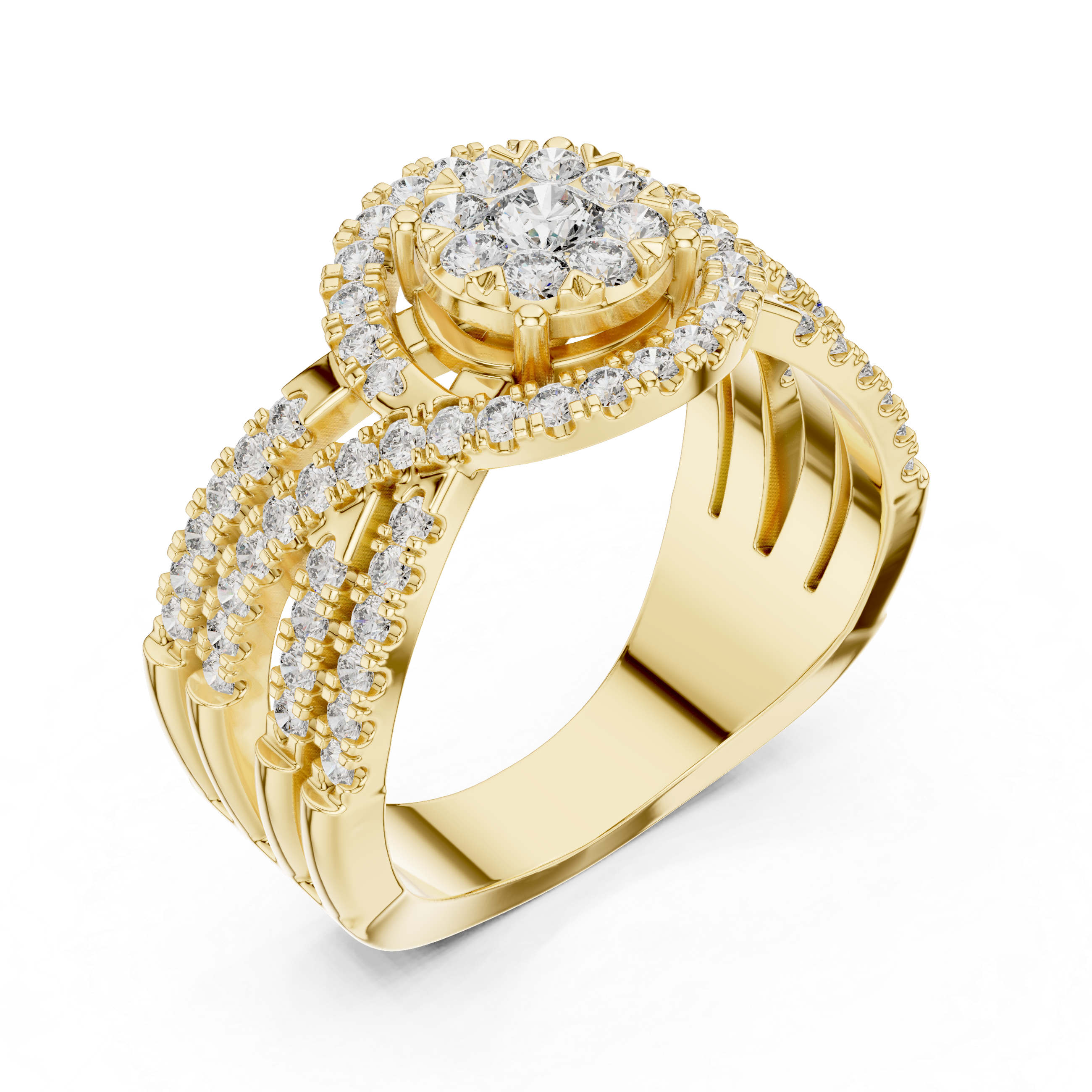 Round Halo Diamond Ring with Triple Split Shank Pavé Band