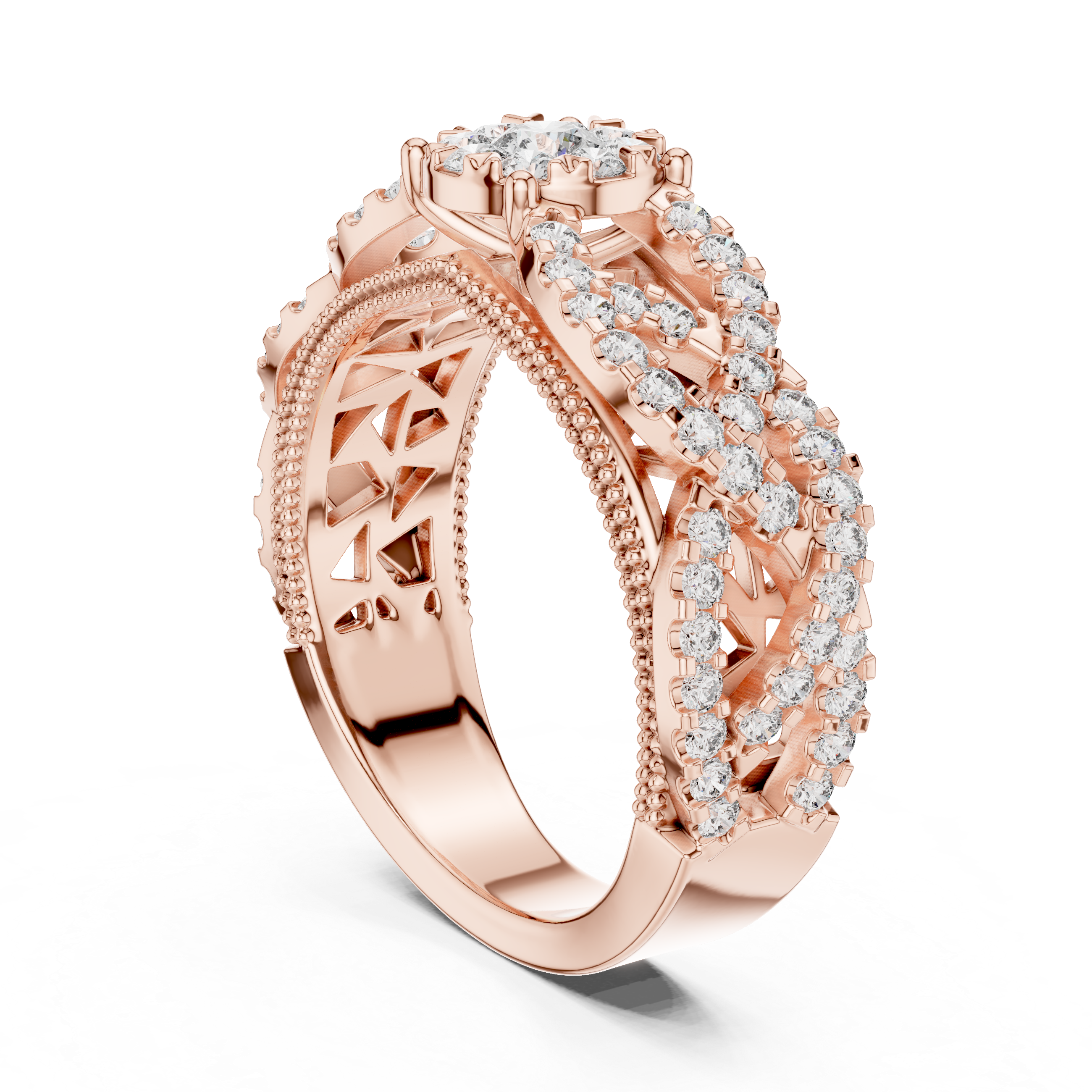 Vintage-Inspired Diamond Cluster Ring with Crisscross Pavé Band