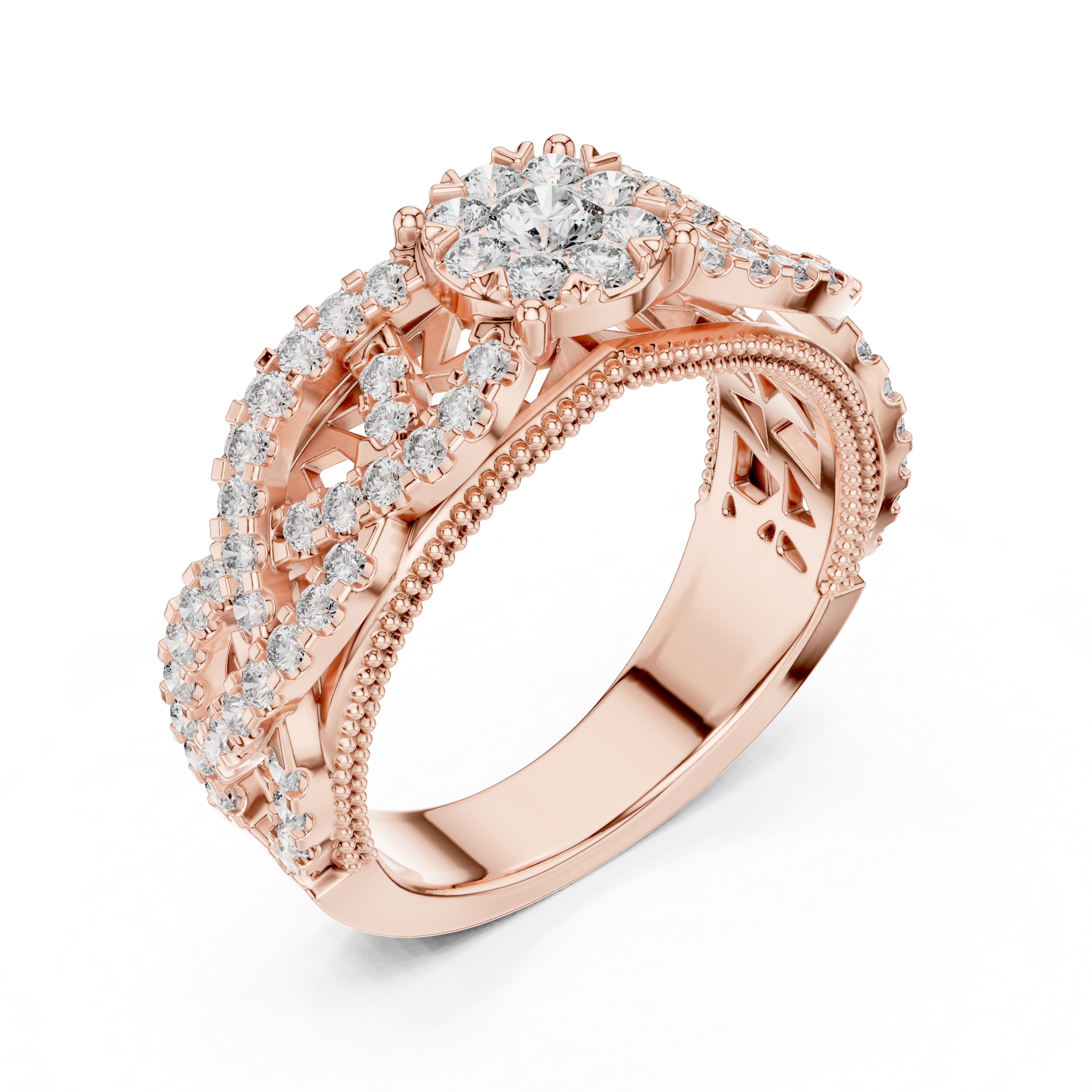 Vintage-Inspired Diamond Cluster Ring with Crisscross Pavé Band