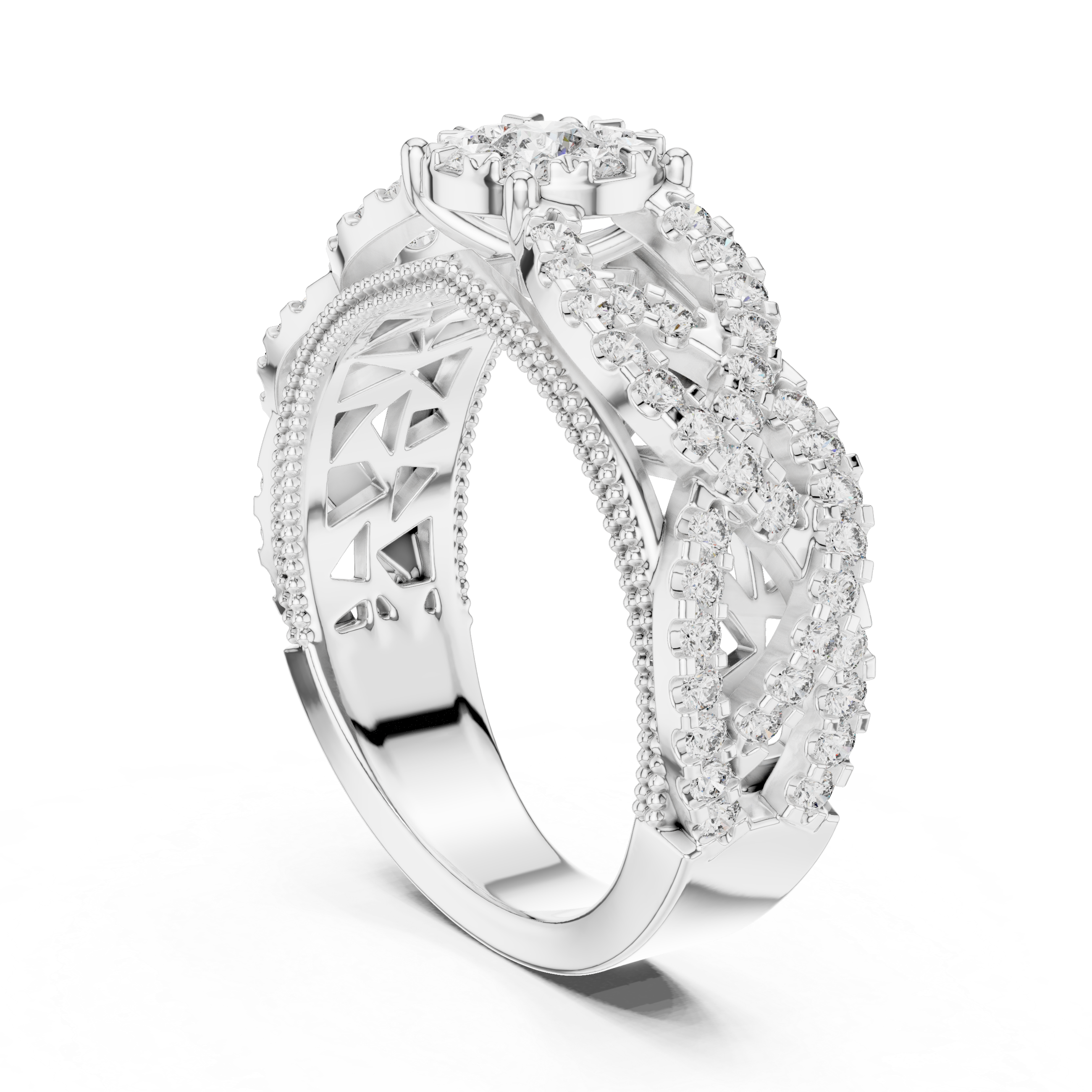 Vintage-Inspired Diamond Cluster Ring with Crisscross Pavé Band