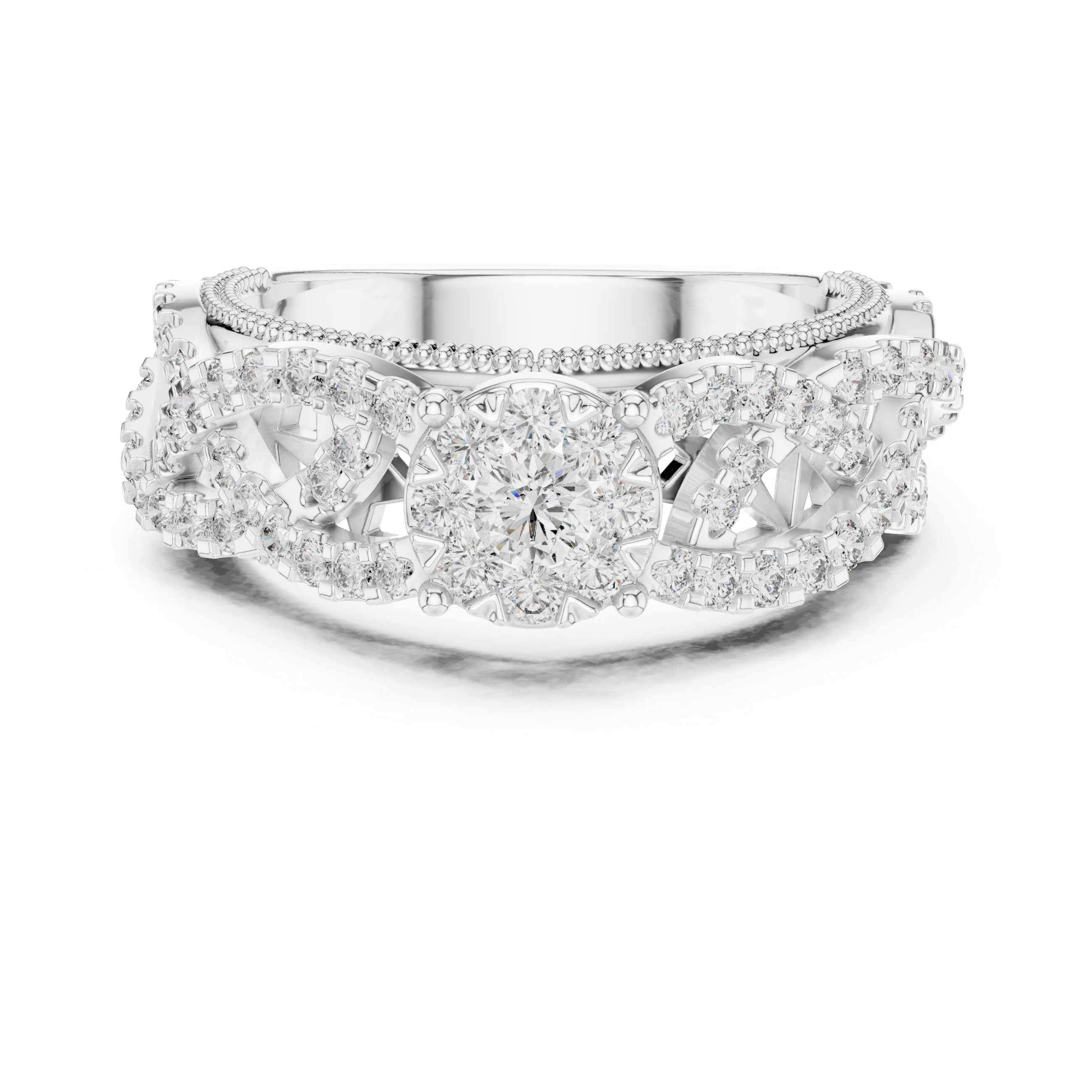 Vintage-Inspired Diamond Cluster Ring with Crisscross Pavé Band