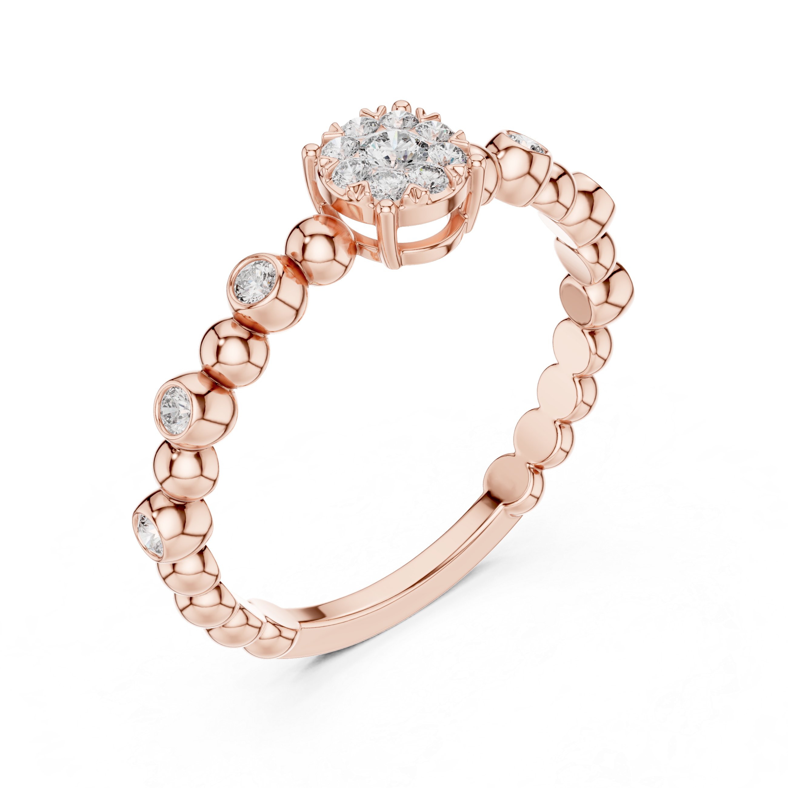 Diamond Cluster Beaded Band Ring with Bezel-Set Accents