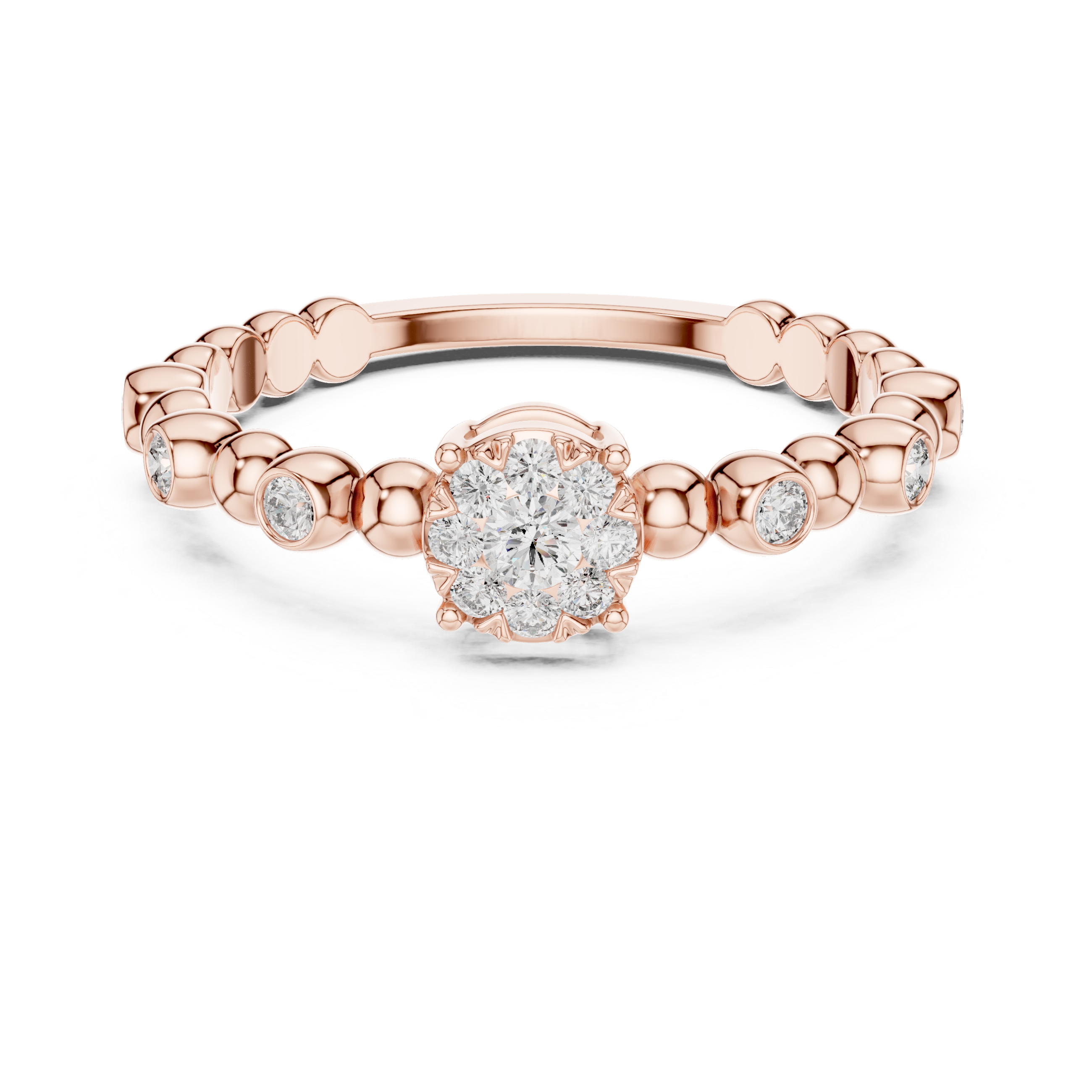 Diamond Cluster Beaded Band Ring with Bezel-Set Accents