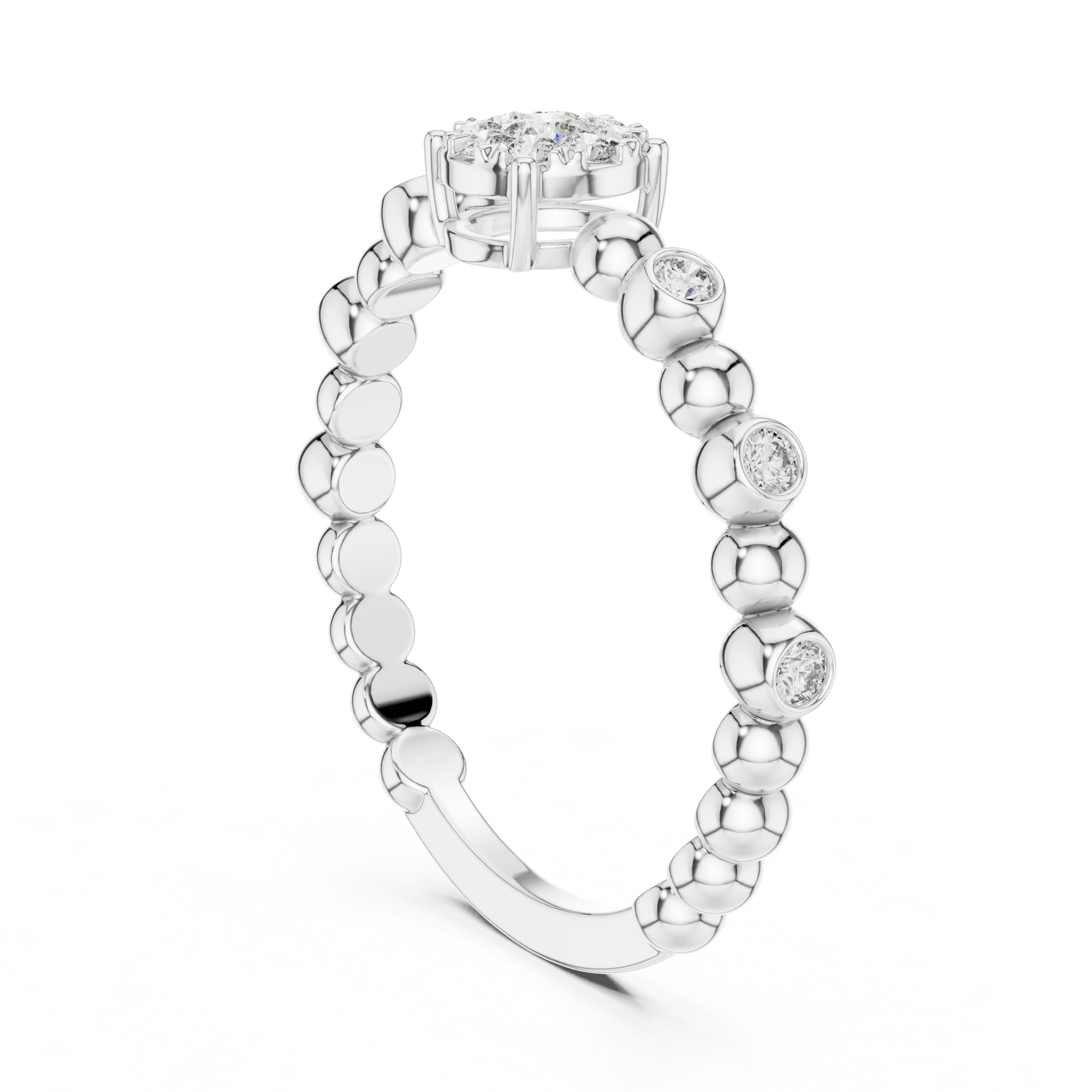 Diamond Cluster Beaded Band Ring with Bezel-Set Accents