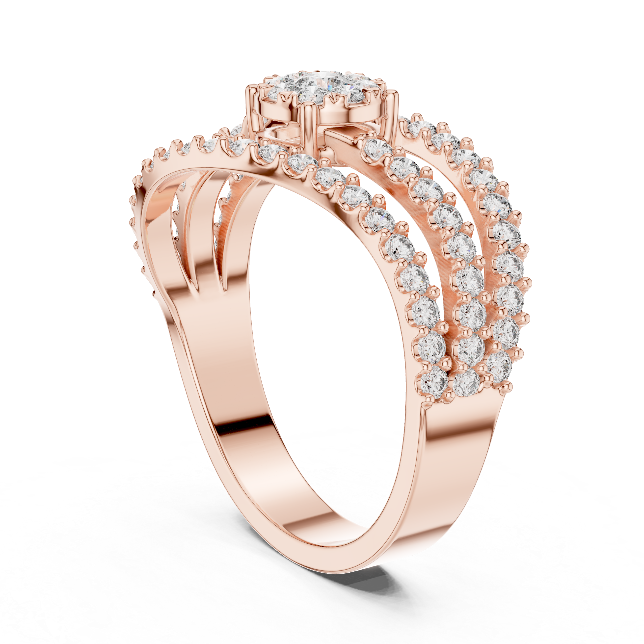 Diamond Cluster Swirl Engagement Ring with Triple Pavé Band