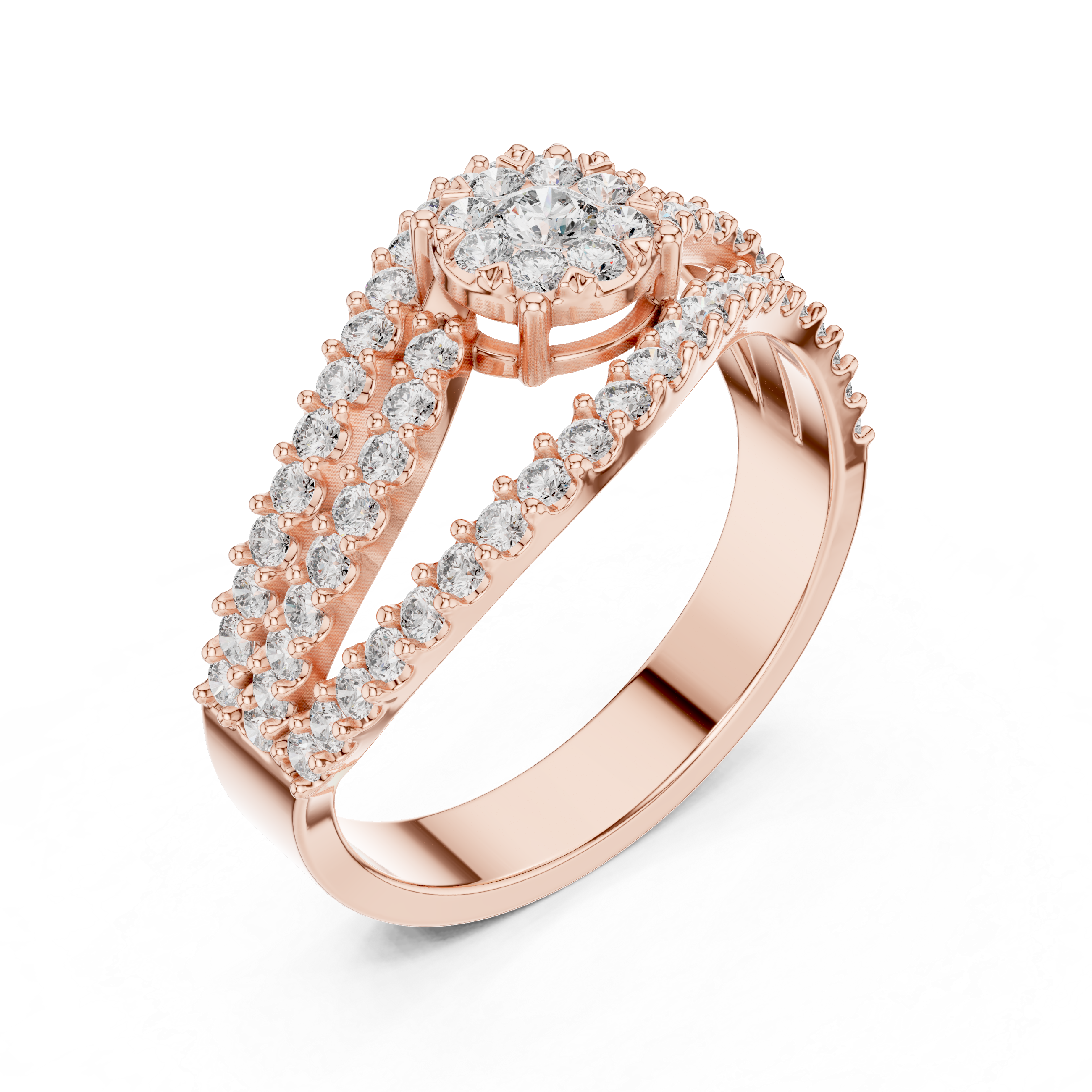 Diamond Cluster Swirl Engagement Ring with Triple Pavé Band