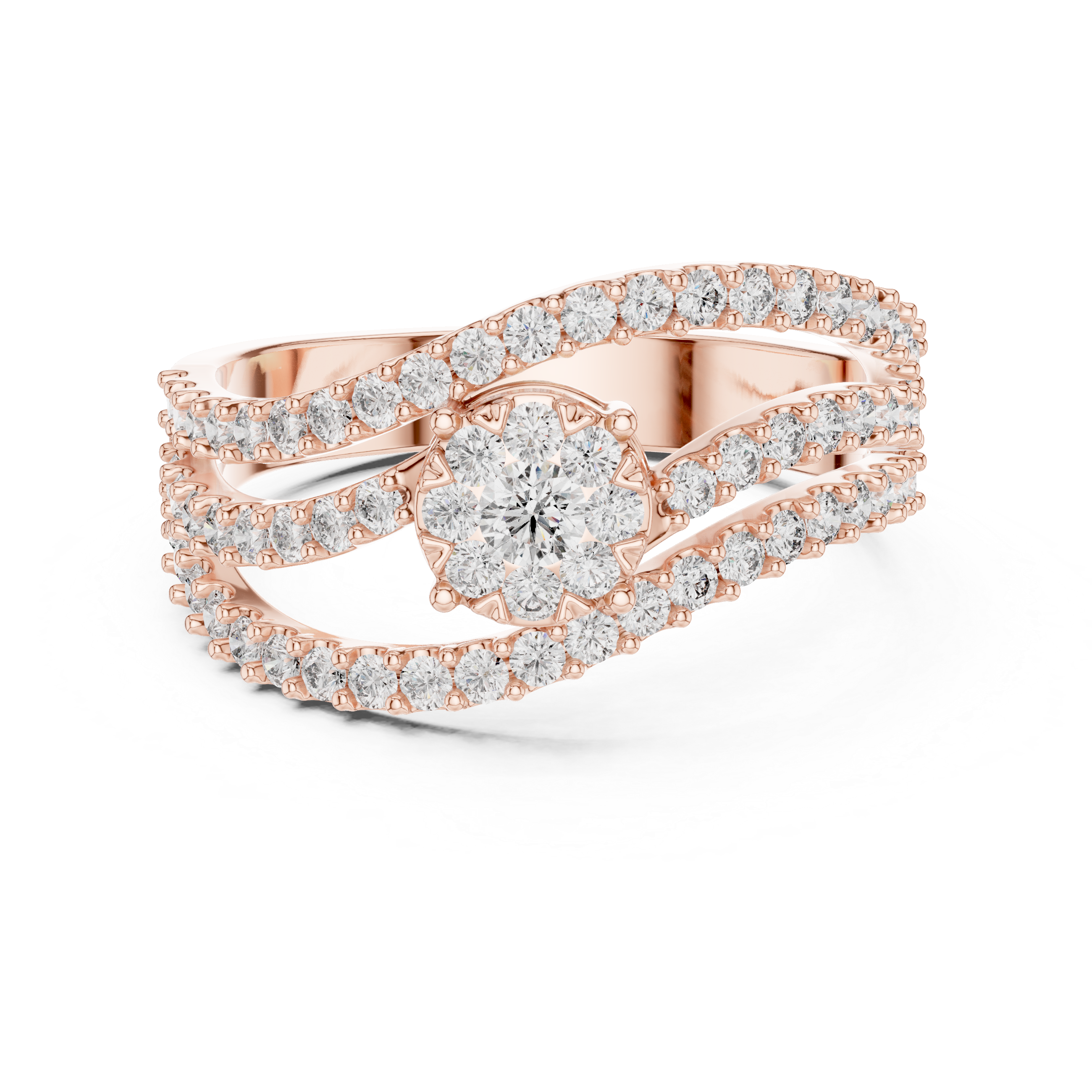 Diamond Cluster Swirl Engagement Ring with Triple Pavé Band