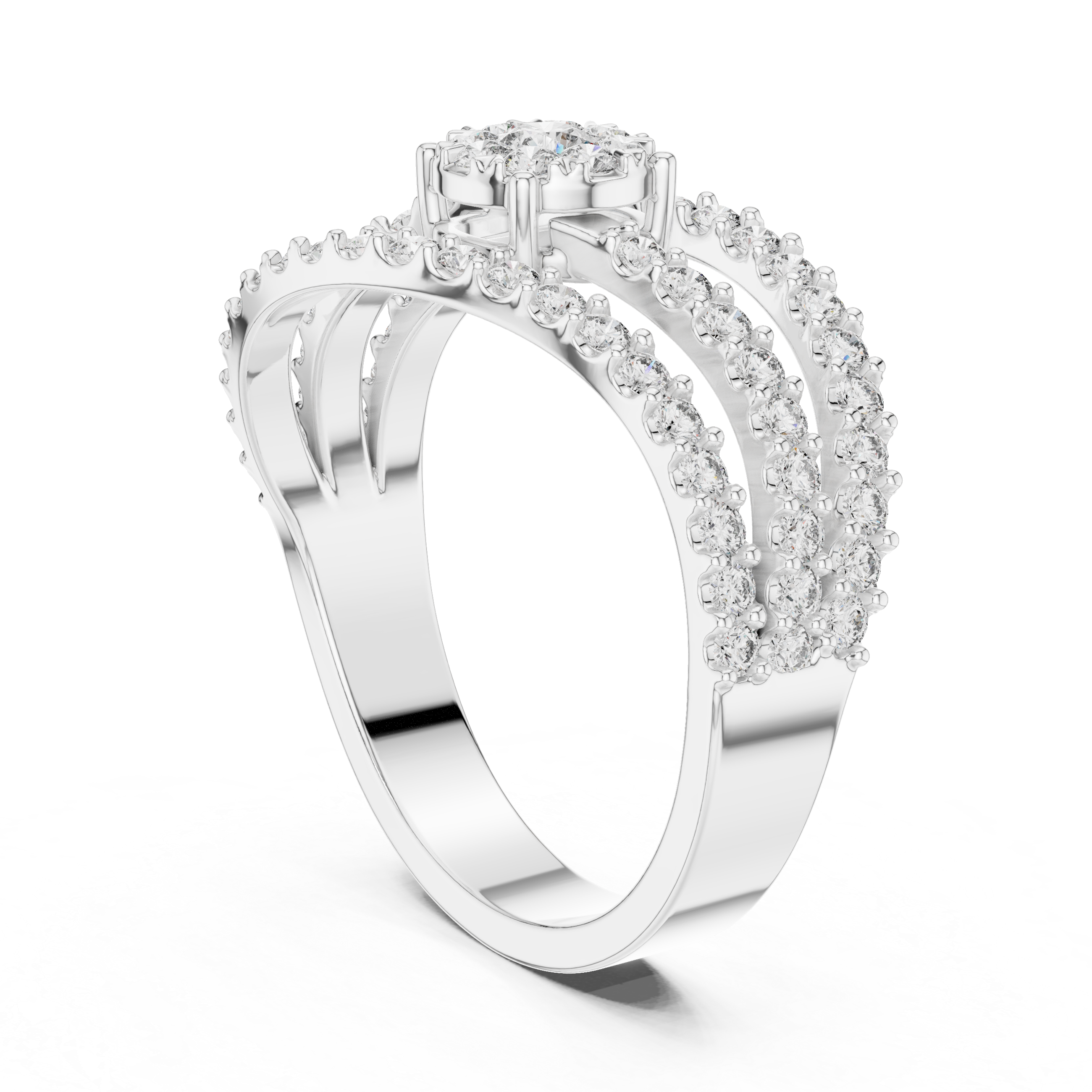 Diamond Cluster Swirl Engagement Ring with Triple Pavé Band