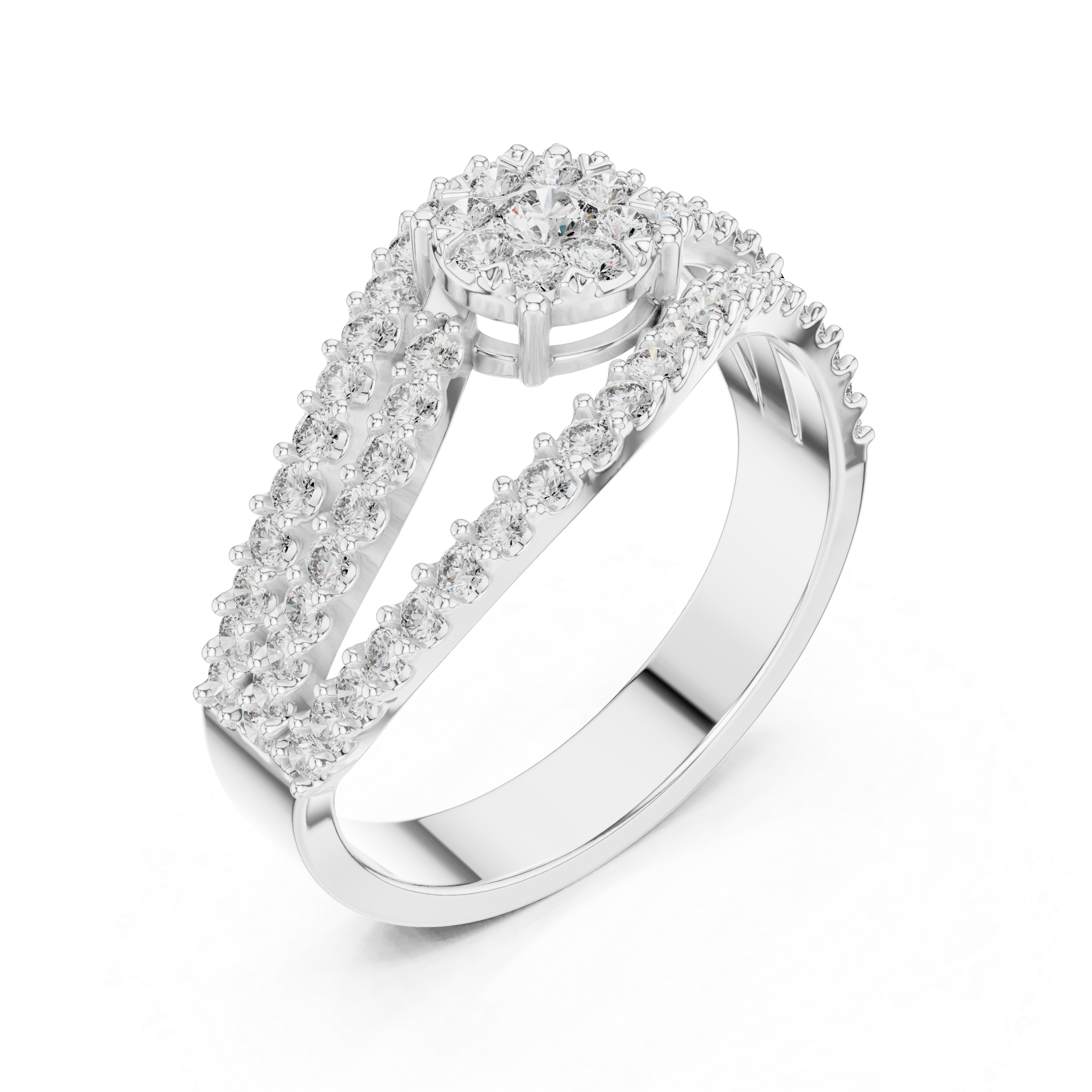 Diamond Cluster Swirl Engagement Ring with Triple Pavé Band