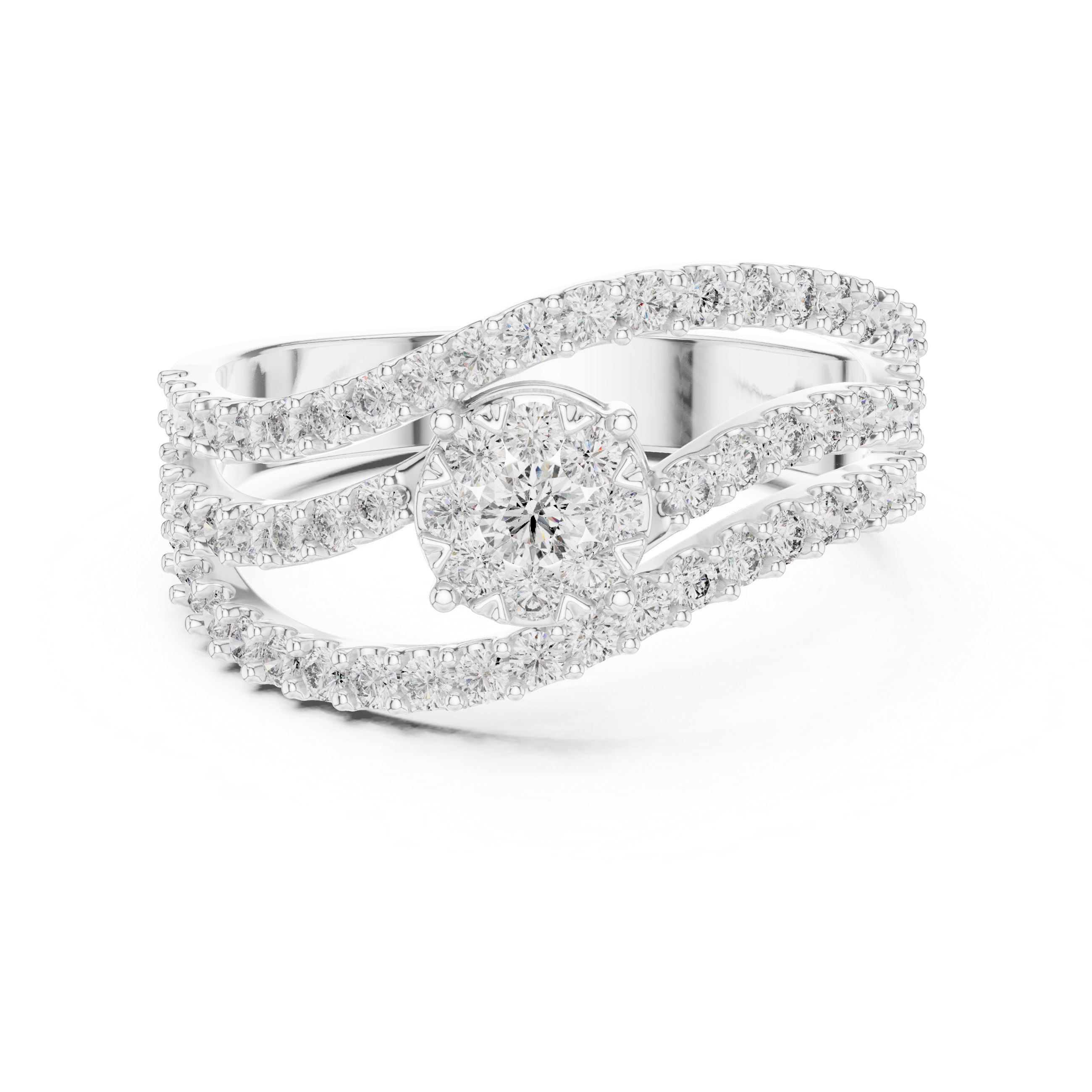 Diamond Cluster Swirl Engagement Ring with Triple Pavé Band