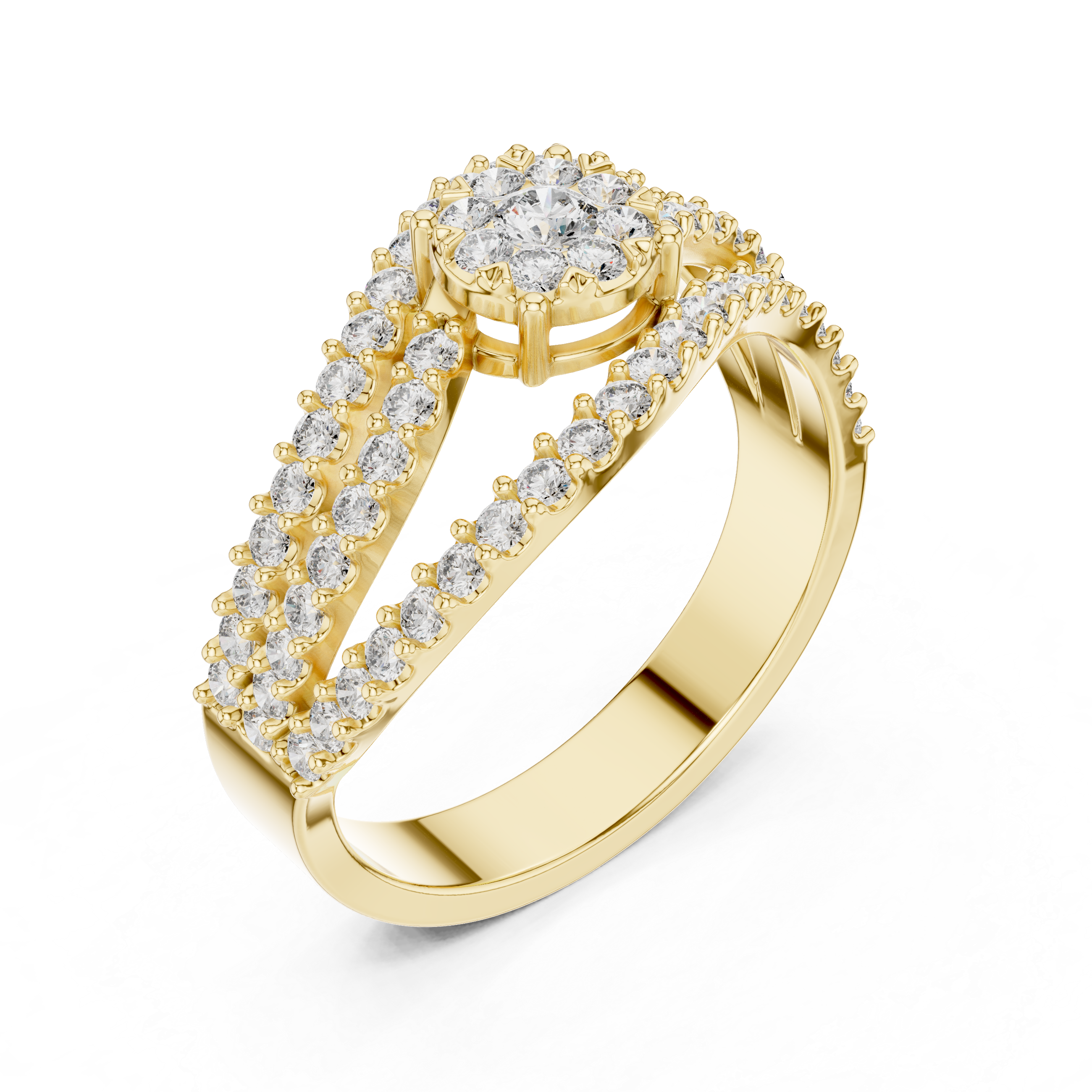 Diamond Cluster Swirl Engagement Ring with Triple Pavé Band