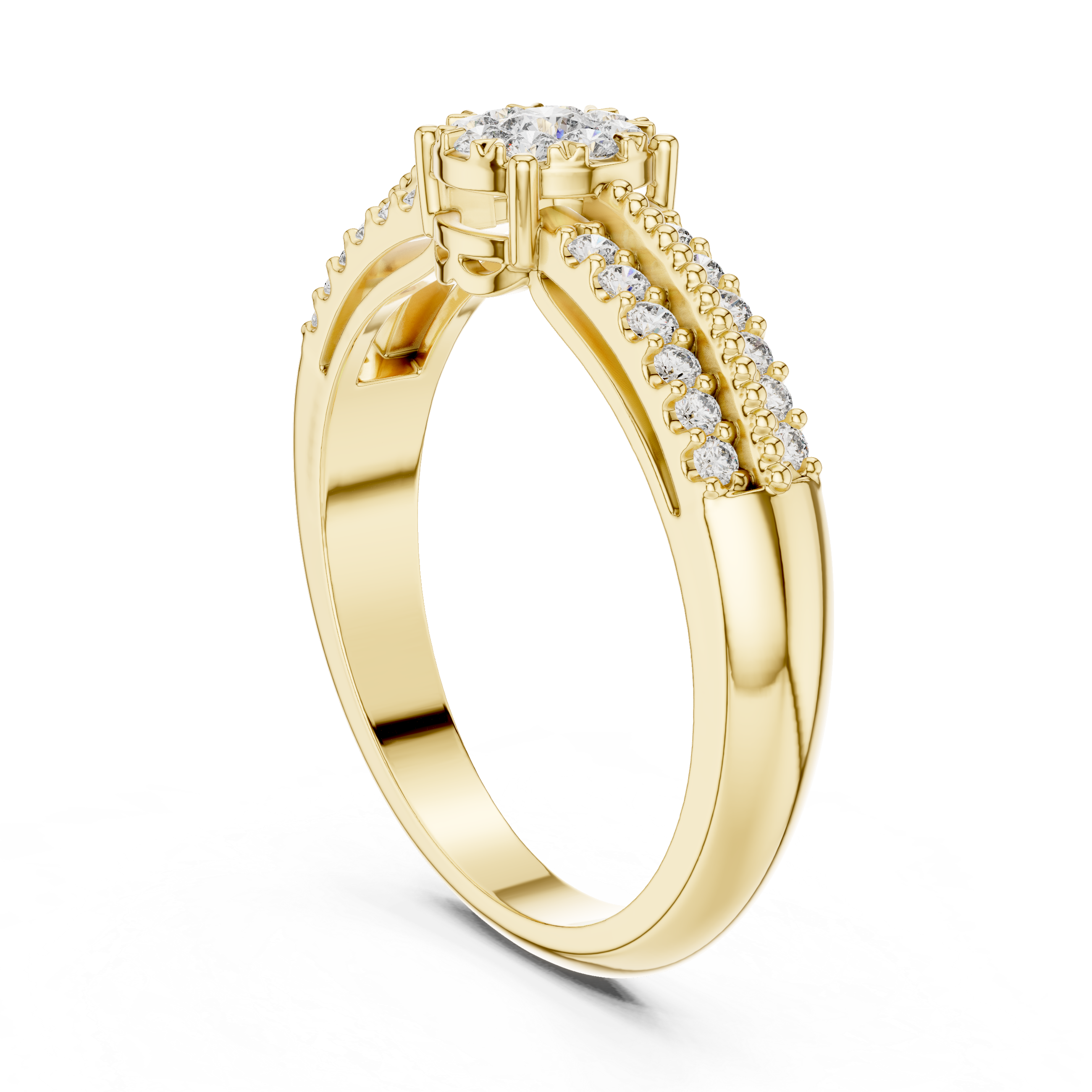 Diamond Cluster Engagement Ring with Double Pavé Split Band