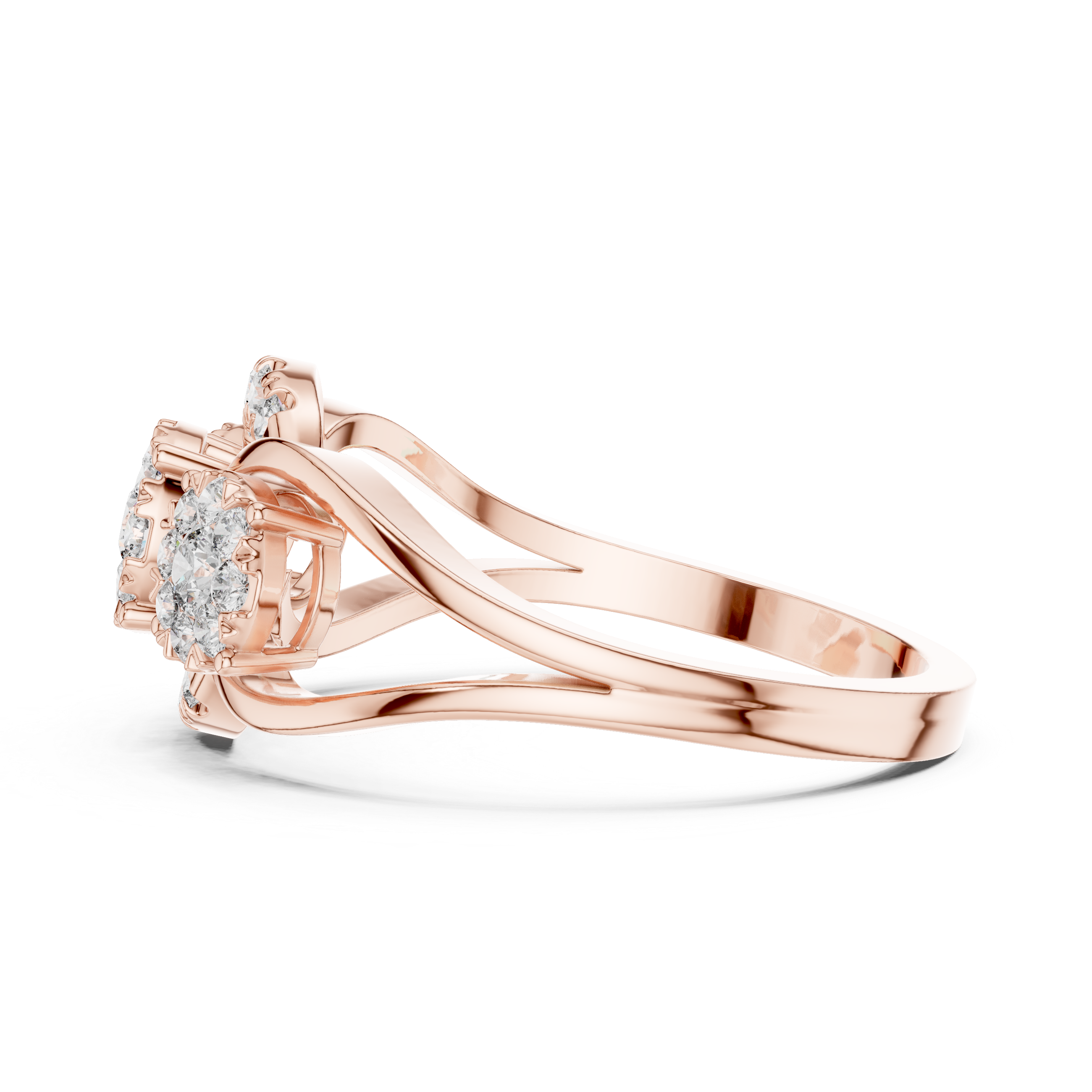 Three-Stone Diamond Cluster Engagement Ring with Floral Halo Design