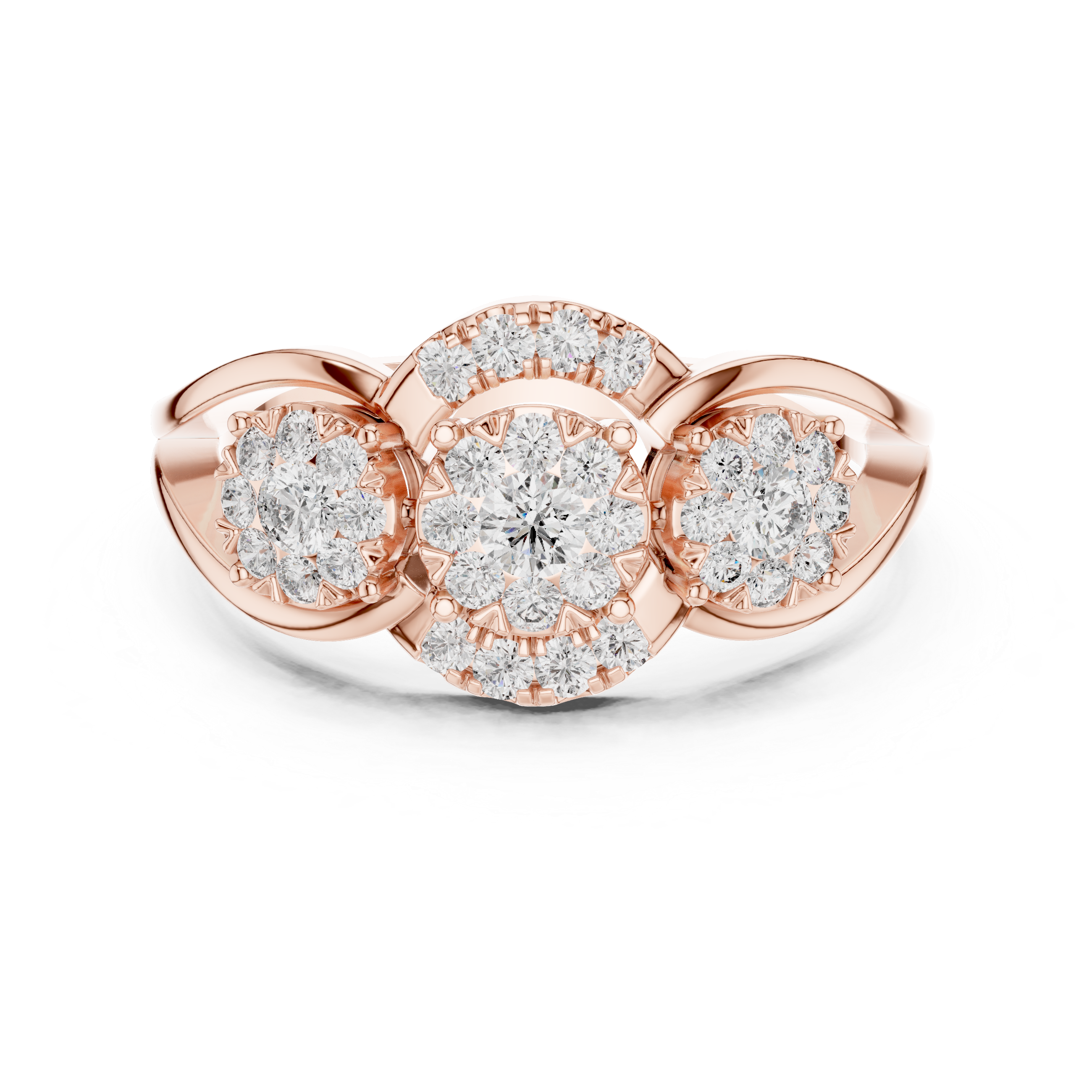 Three-Stone Diamond Cluster Engagement Ring with Floral Halo Design