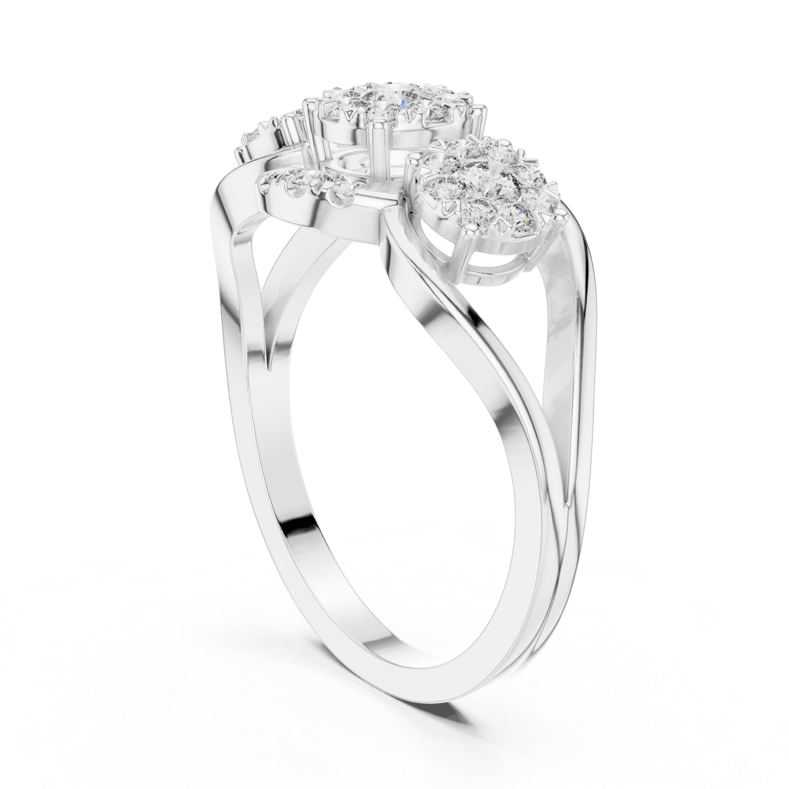Three-Stone Diamond Cluster Engagement Ring with Floral Halo Design