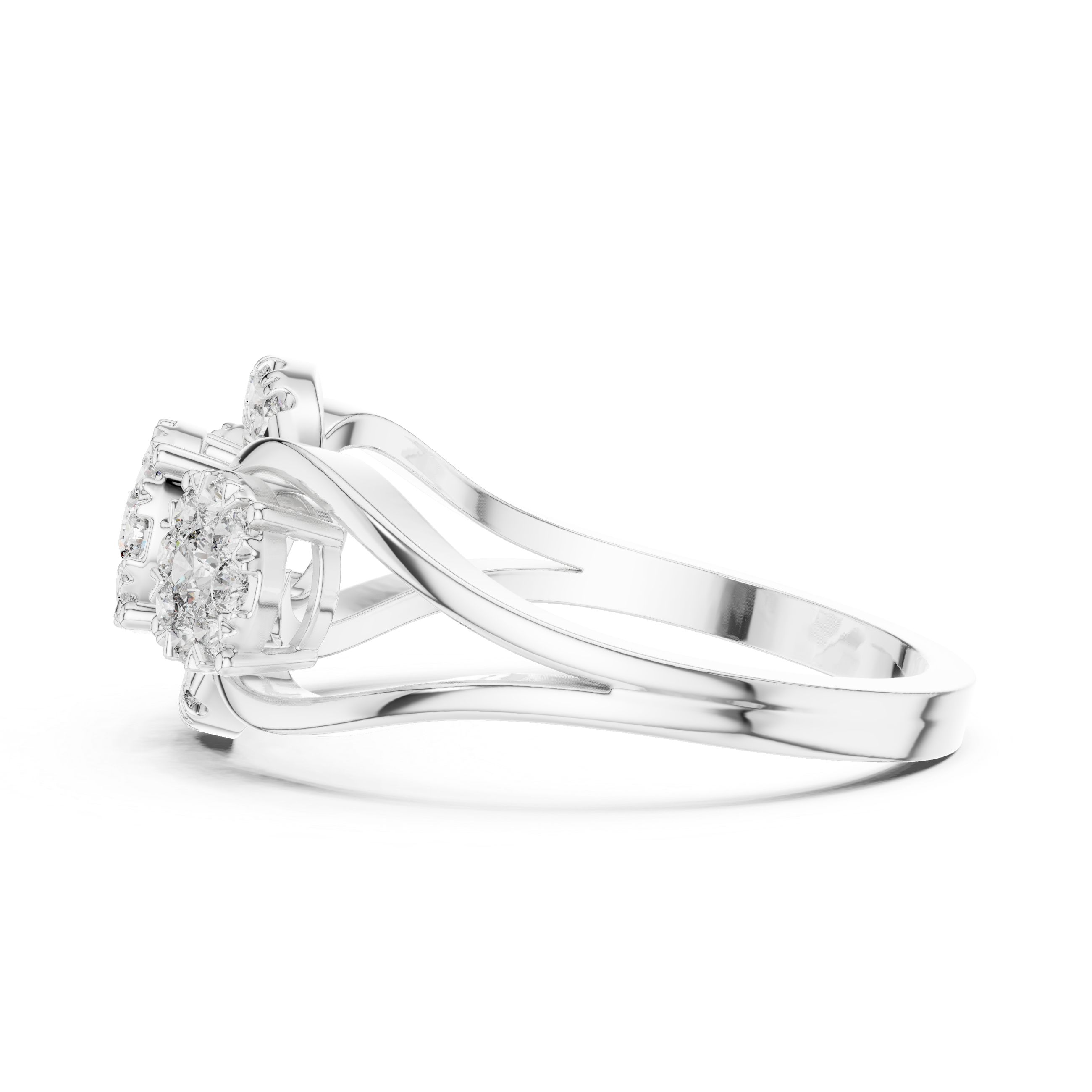 Three-Stone Diamond Cluster Engagement Ring with Floral Halo Design