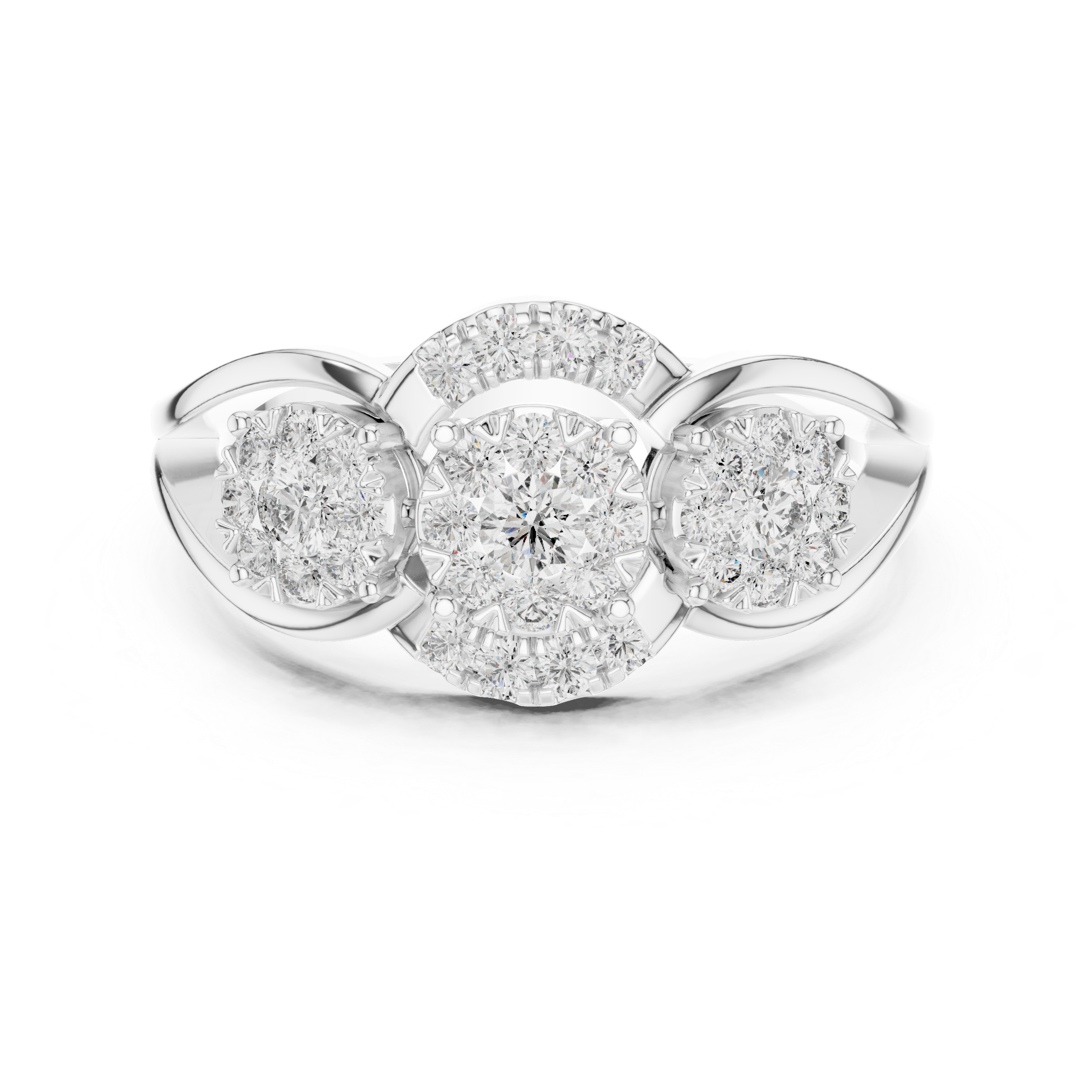 Three-Stone Diamond Cluster Engagement Ring with Floral Halo Design