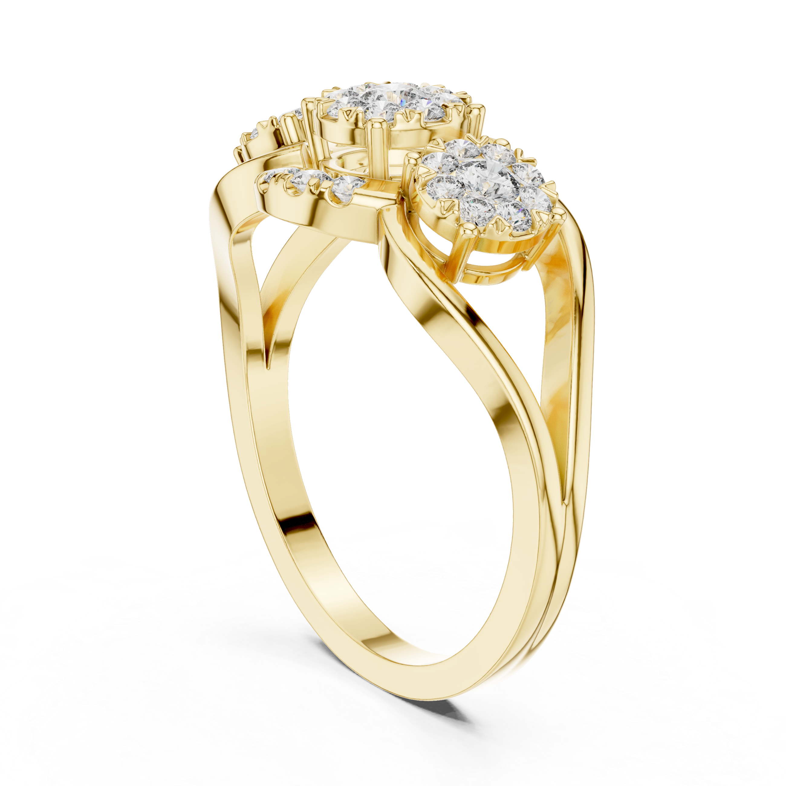 Three-Stone Diamond Cluster Engagement Ring with Floral Halo Design