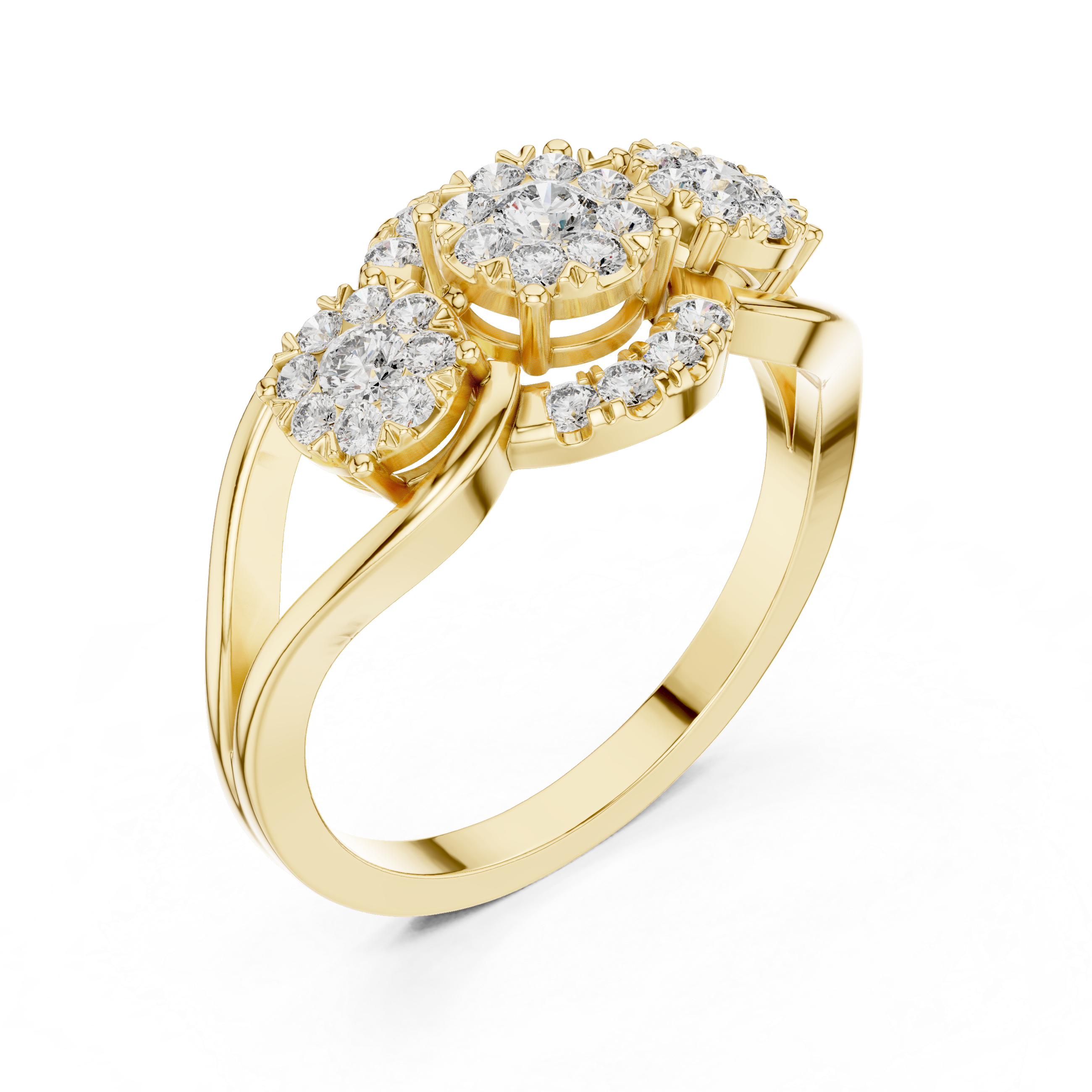 Three-Stone Diamond Cluster Engagement Ring with Floral Halo Design