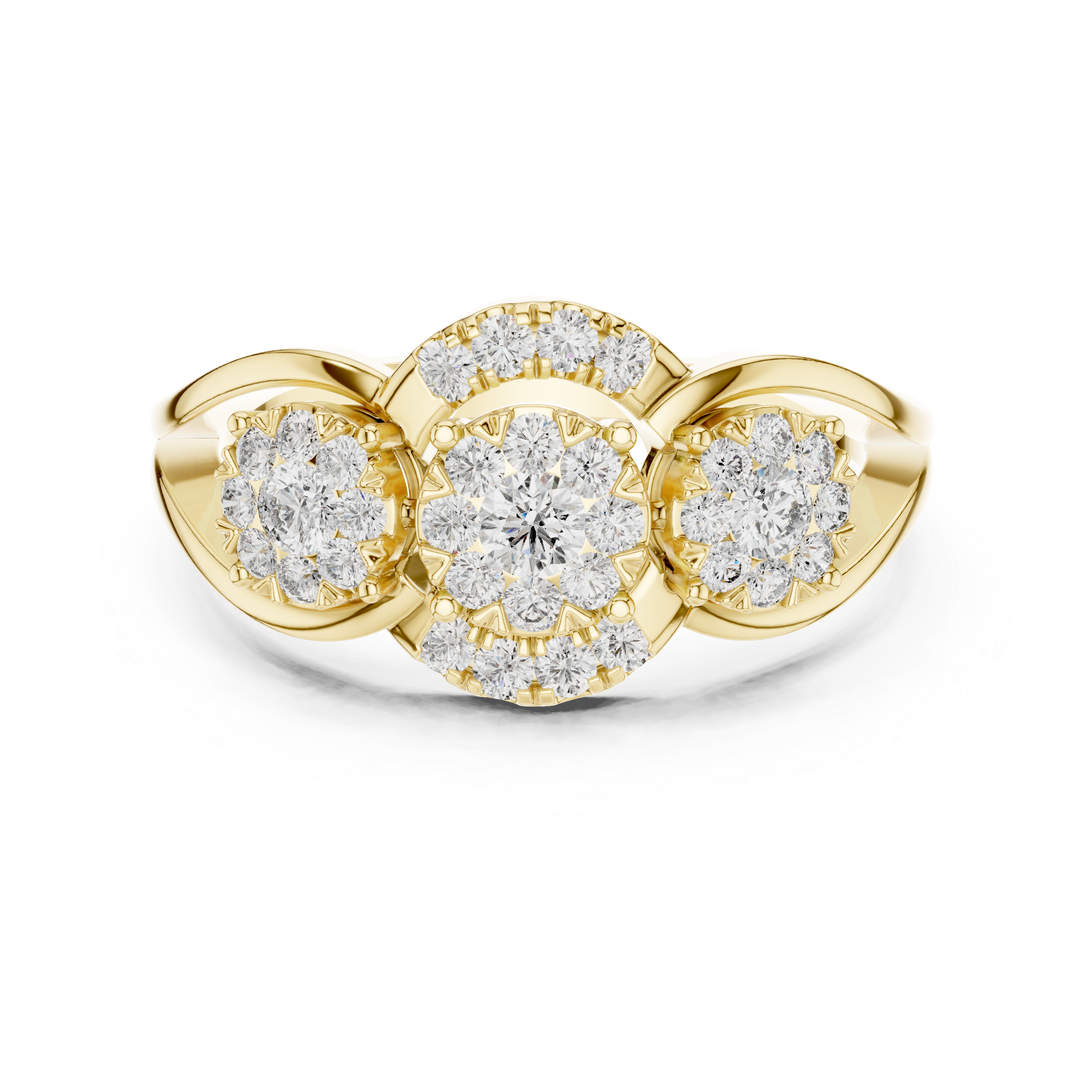 Three-Stone Diamond Cluster Engagement Ring with Floral Halo Design
