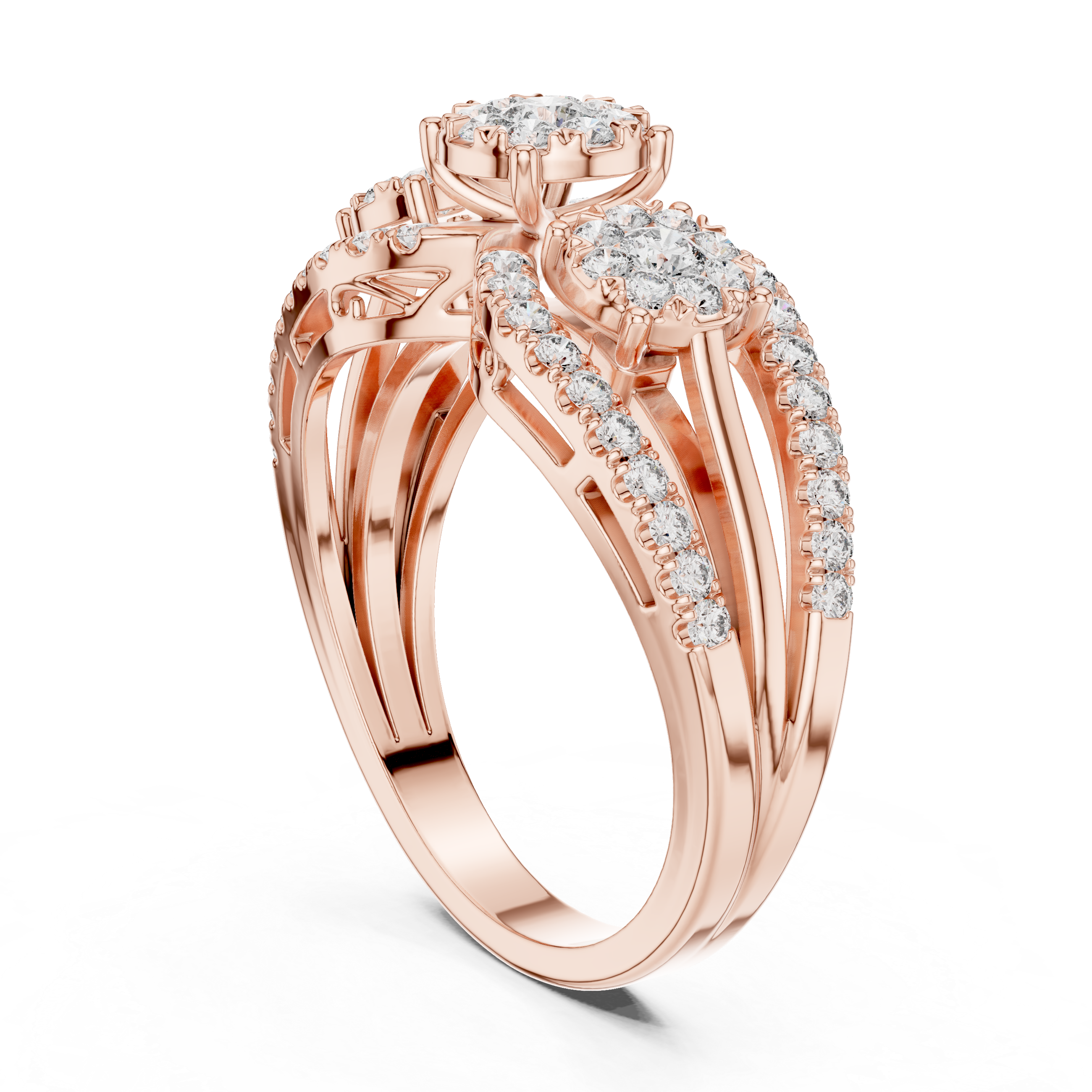 Three-Stone Diamond Cluster Engagement Ring with Split Shank Pavé Band