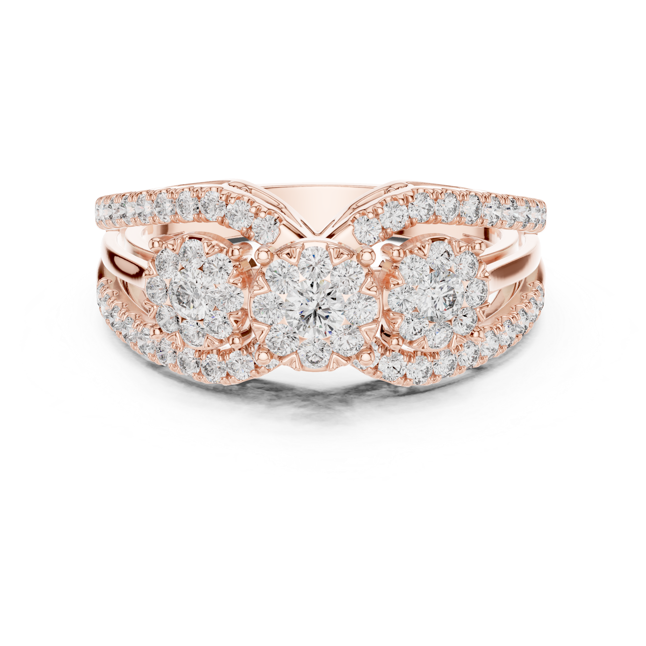 Three-Stone Diamond Cluster Engagement Ring with Split Shank Pavé Band
