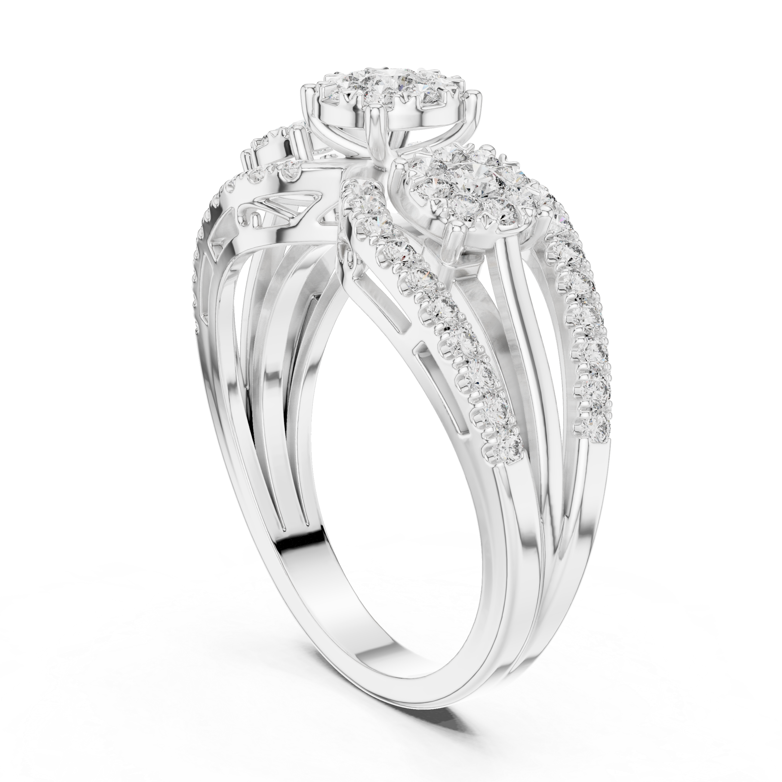 Three-Stone Diamond Cluster Engagement Ring with Split Shank Pavé Band