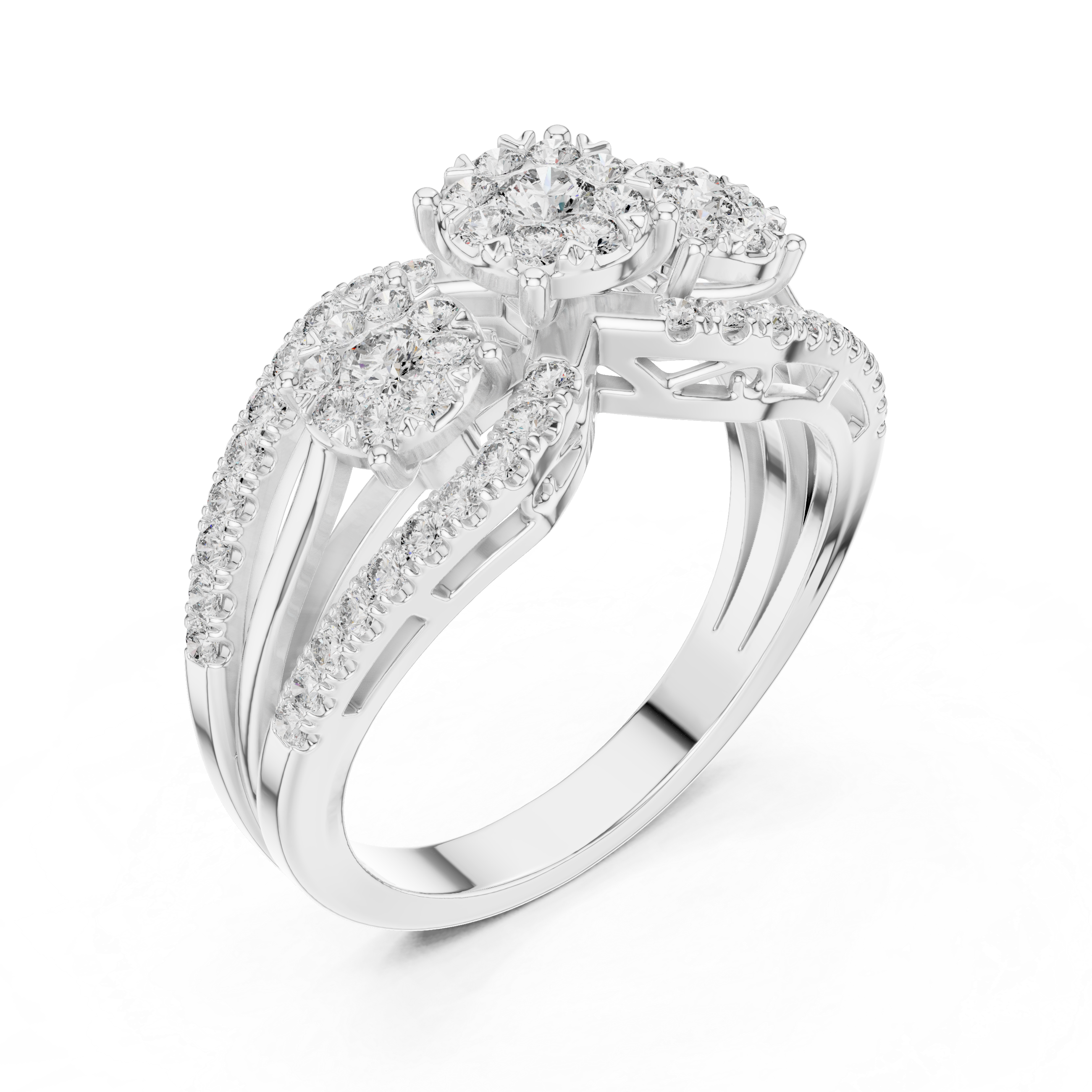 Three-Stone Diamond Cluster Engagement Ring with Split Shank Pavé Band