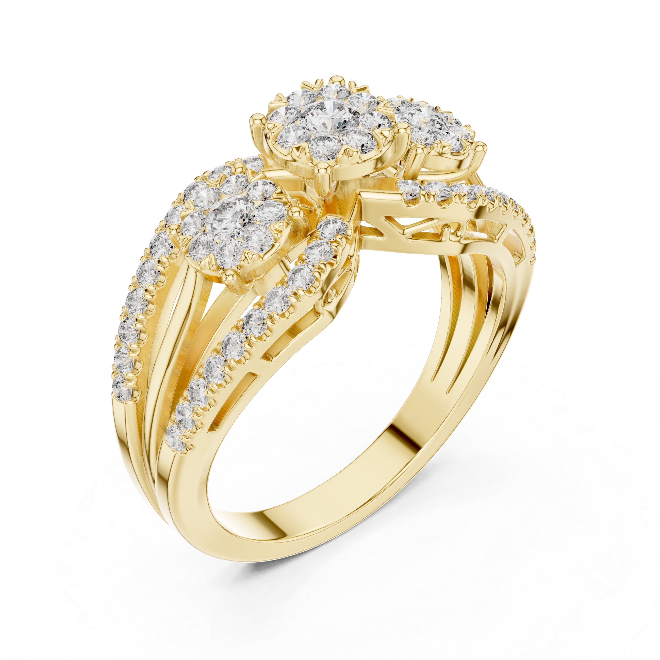 Three-Stone Diamond Cluster Engagement Ring with Split Shank Pavé Band