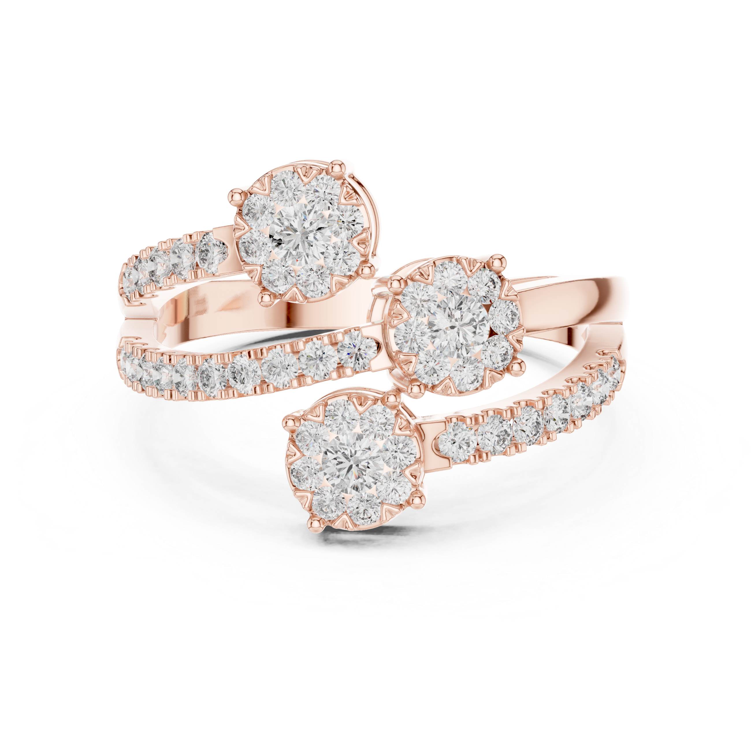 Modern Open Bypass Diamond Cluster Ring with Triple Floral Stations
