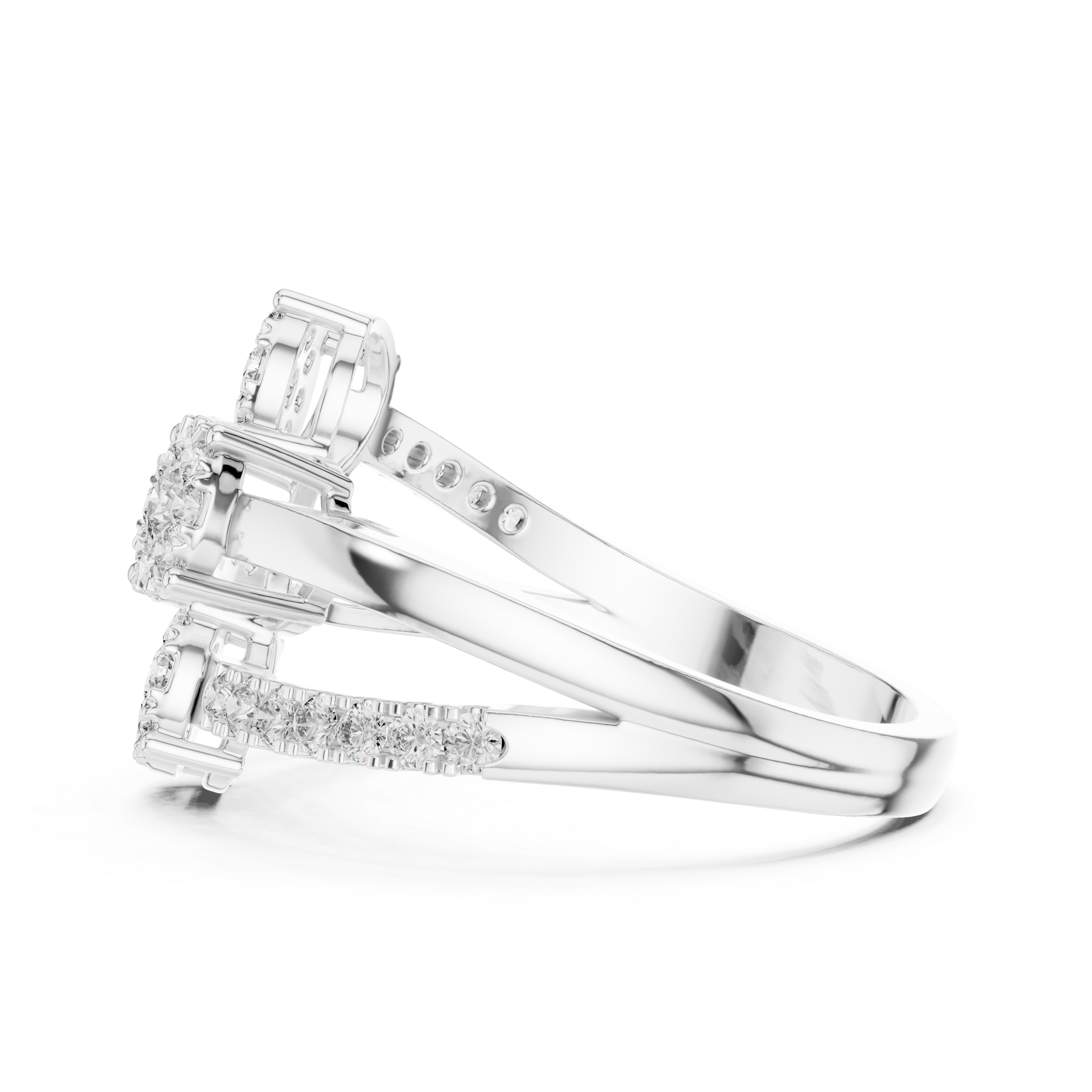 Modern Open Bypass Diamond Cluster Ring with Triple Floral Stations
