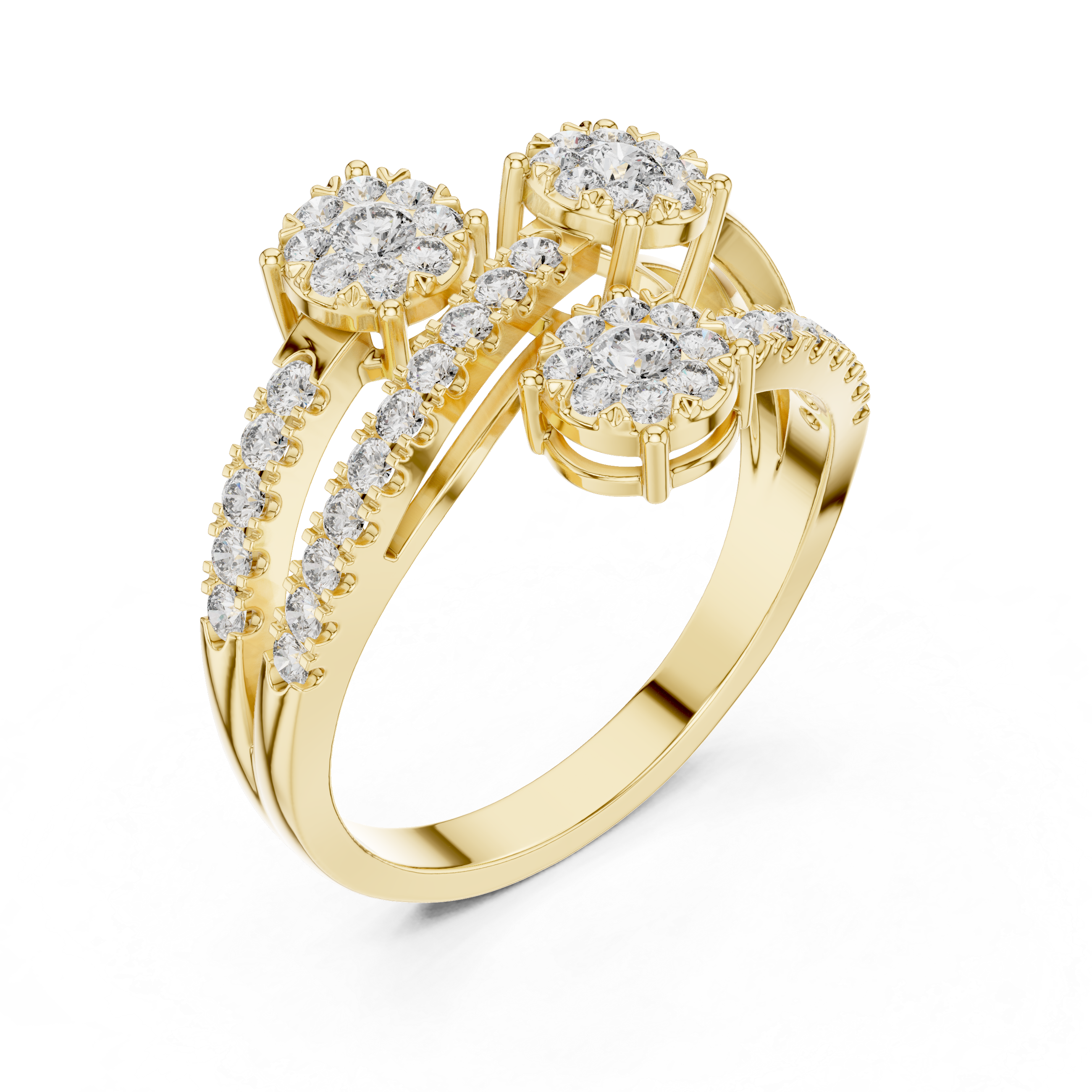 Modern Open Bypass Diamond Cluster Ring with Triple Floral Stations