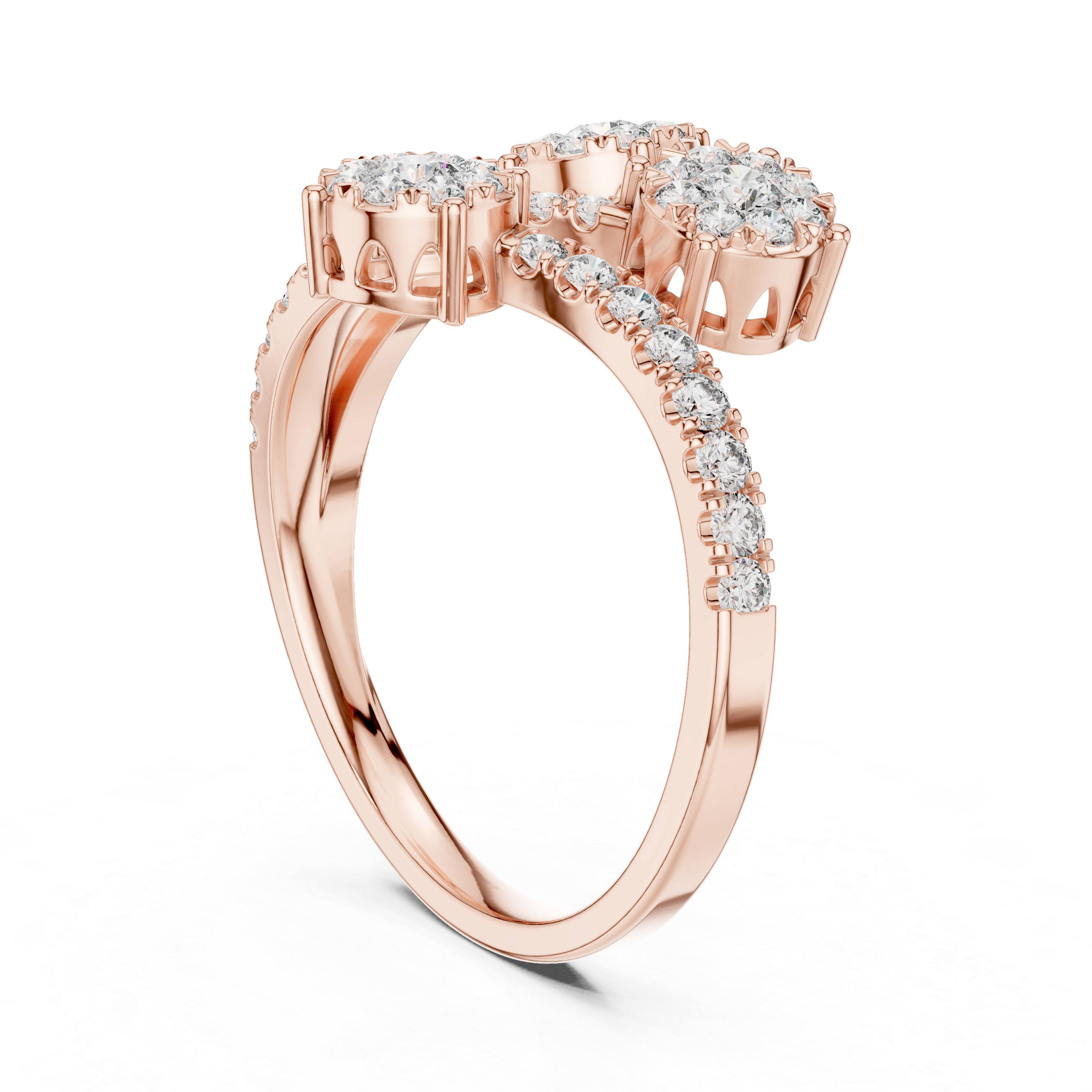 Triple Diamond Cluster Bypass Ring with Pavé Crossover Band