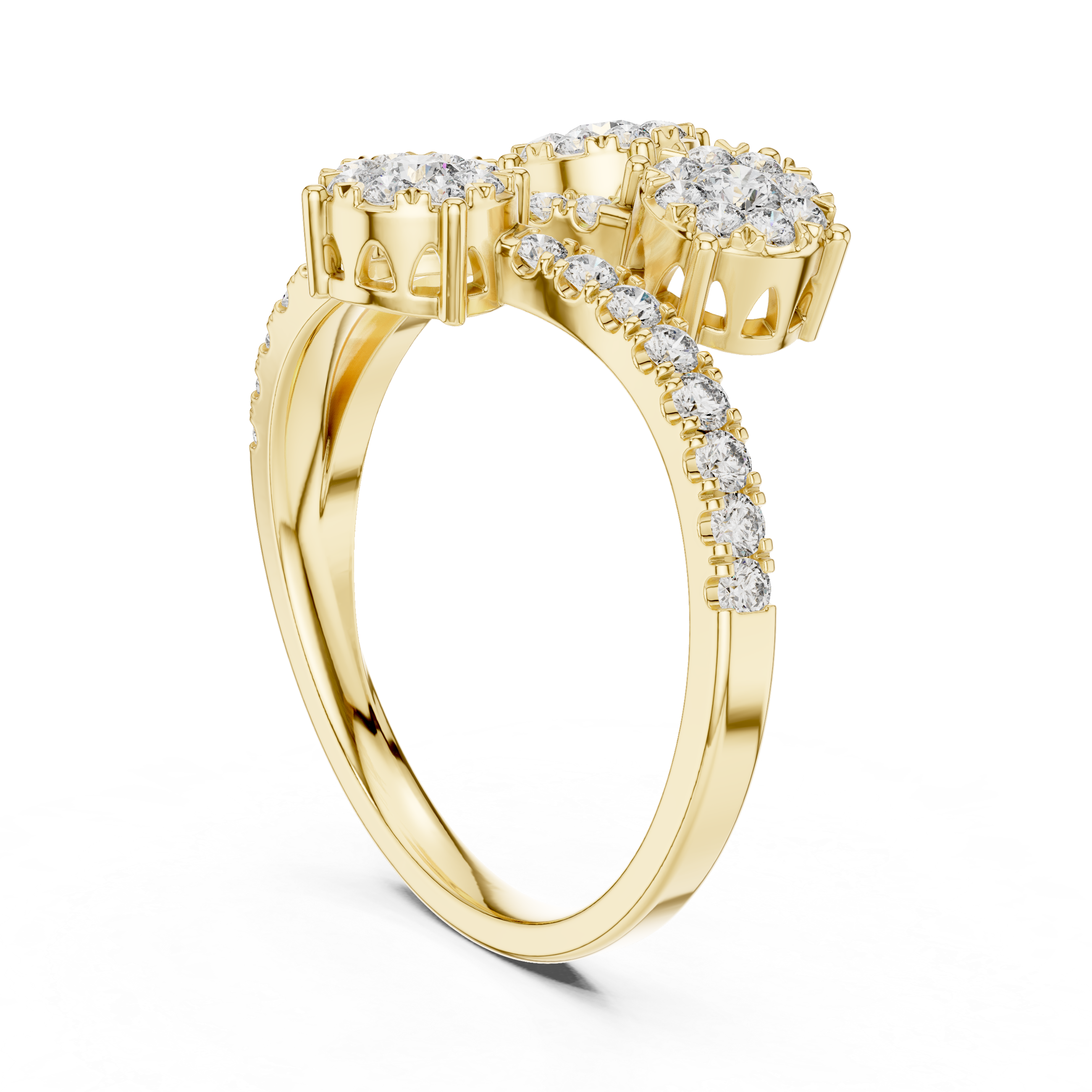 Triple Diamond Cluster Bypass Ring with Pavé Crossover Band