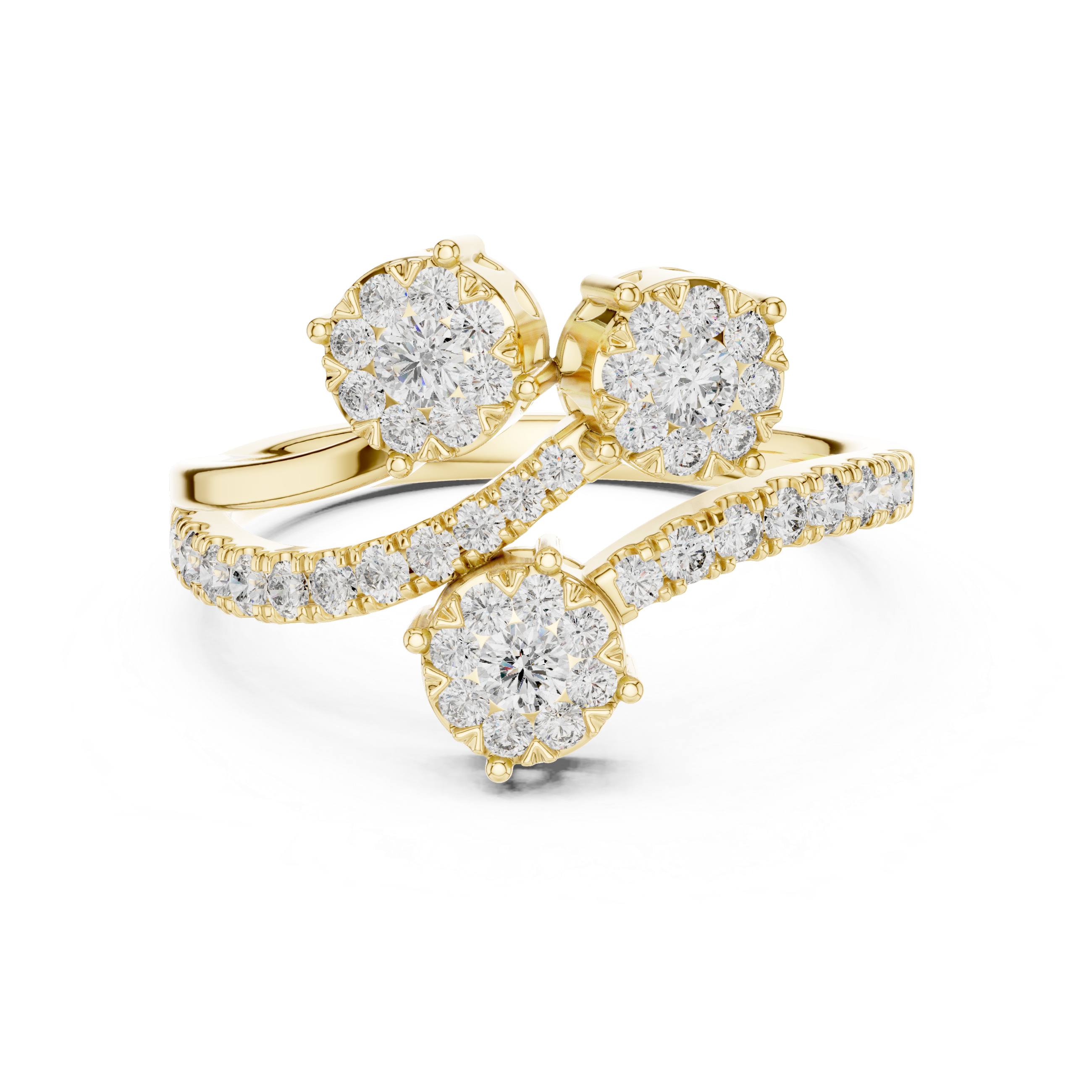 Triple Diamond Cluster Bypass Ring with Pavé Crossover Band