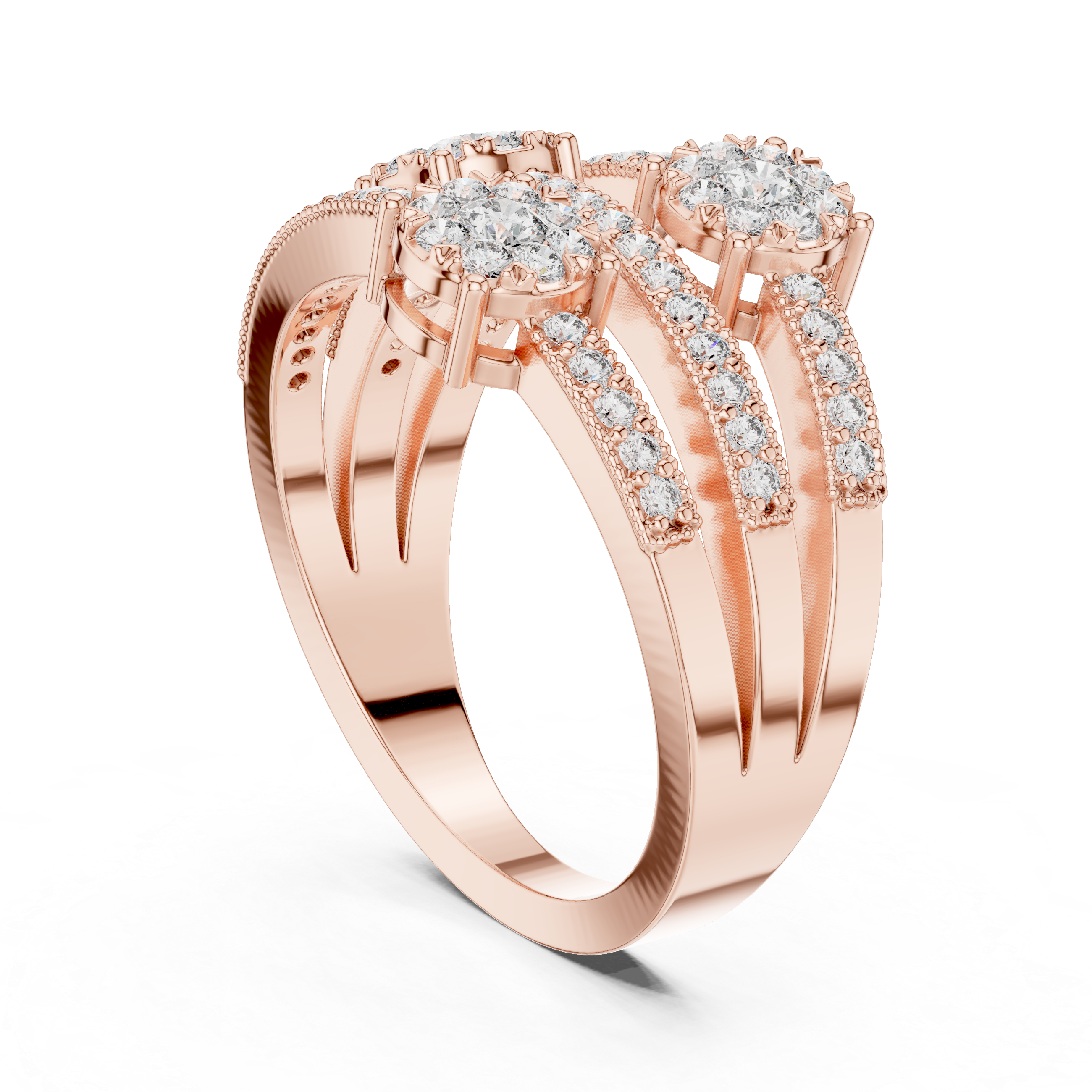 Triple Diamond Cluster Multi-Row Pavé Ring