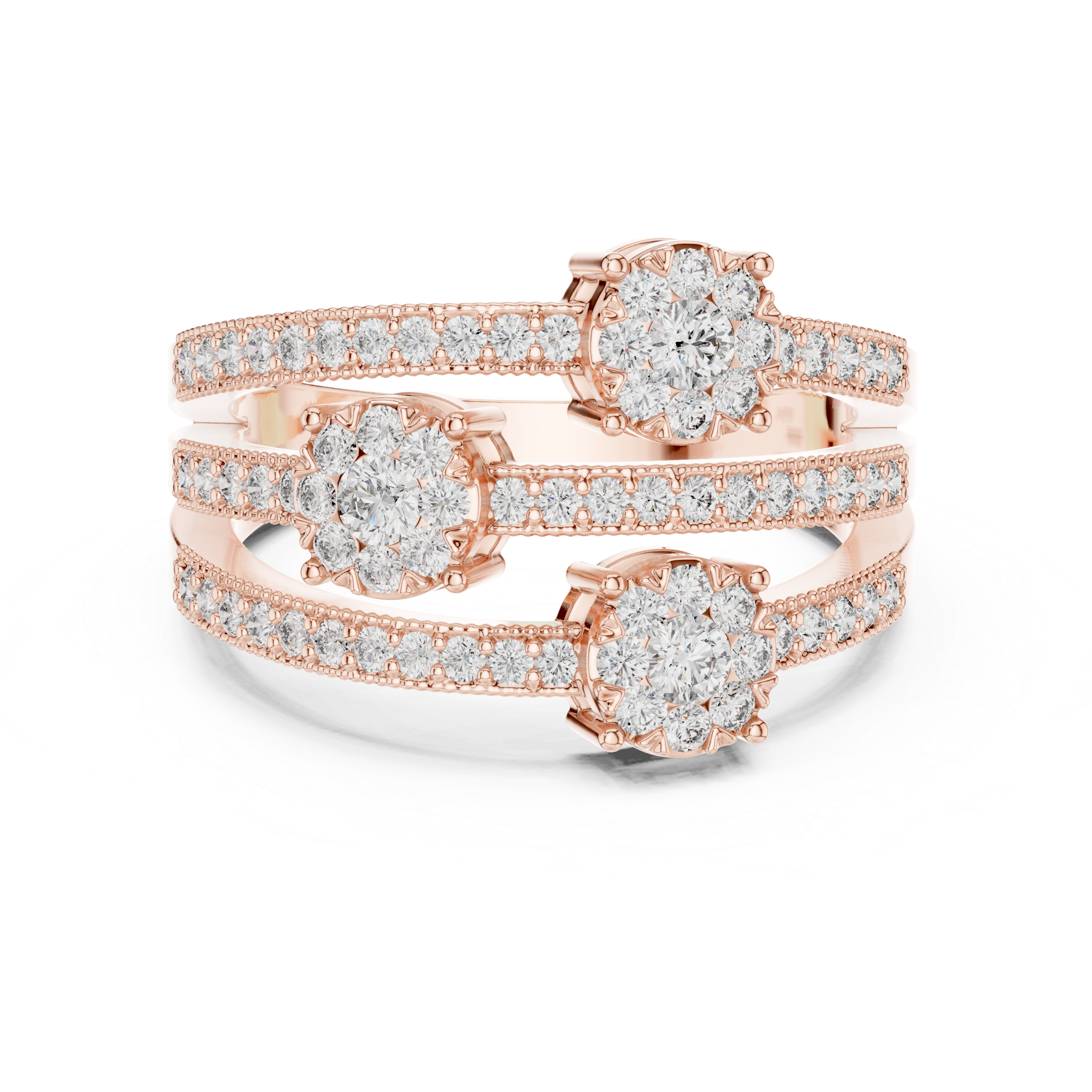 Triple Diamond Cluster Multi-Row Pavé Ring