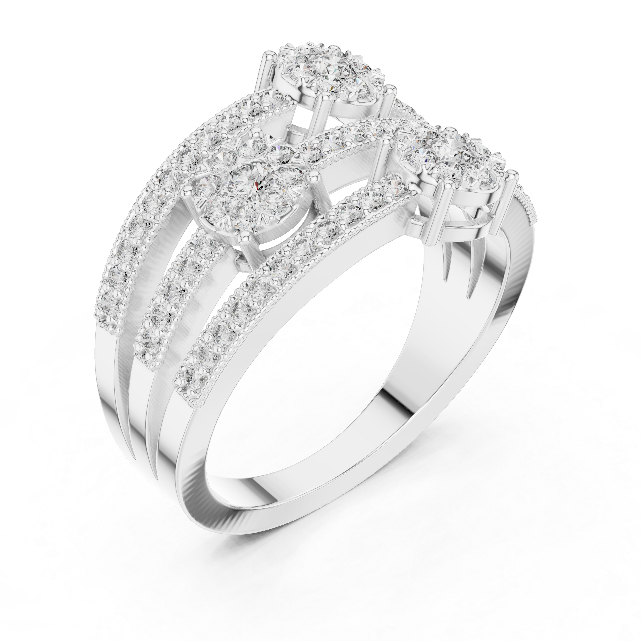 Triple Diamond Cluster Multi-Row Pavé Ring