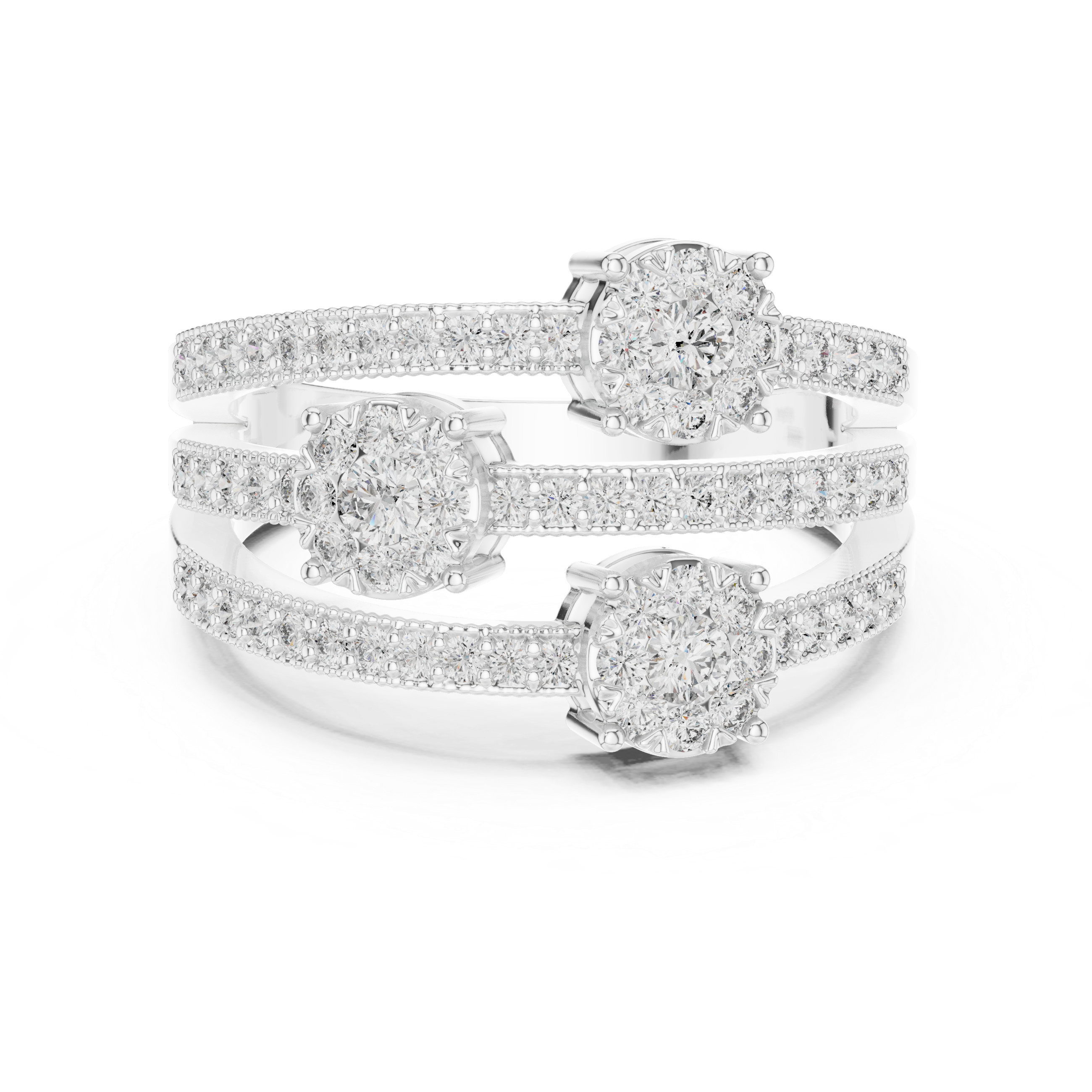 Triple Diamond Cluster Multi-Row Pavé Ring