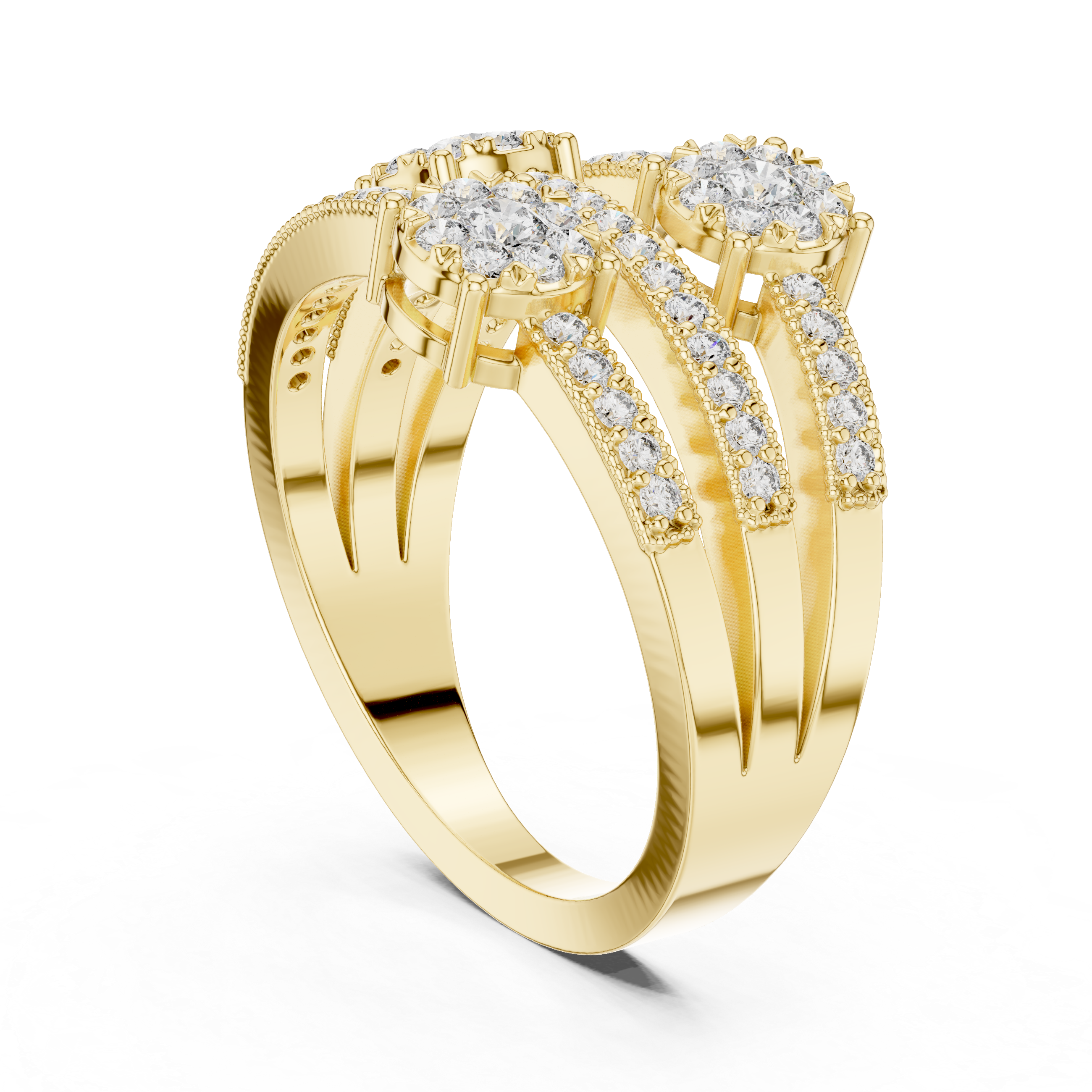 Triple Diamond Cluster Multi-Row Pavé Ring