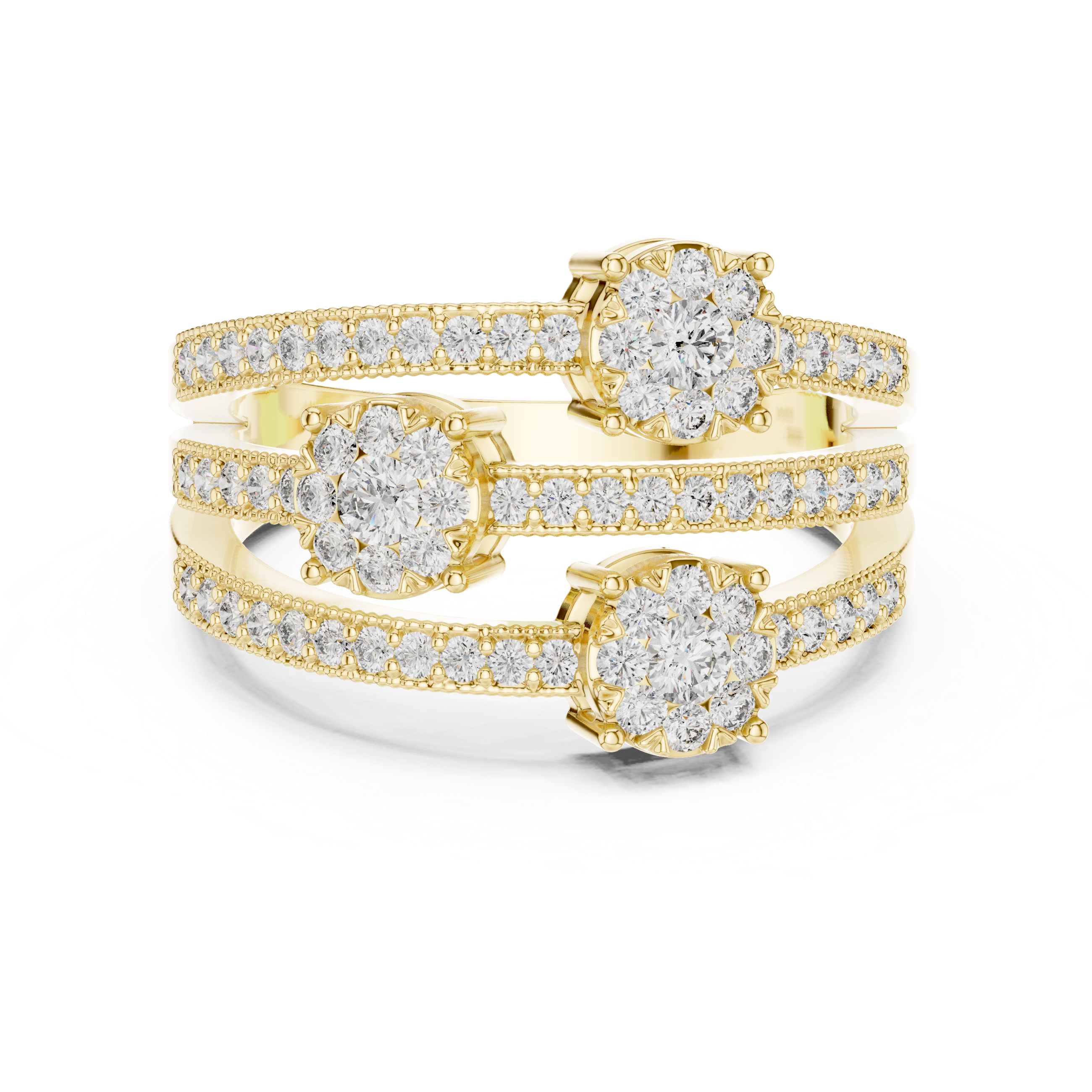 Triple Diamond Cluster Multi-Row Pavé Ring