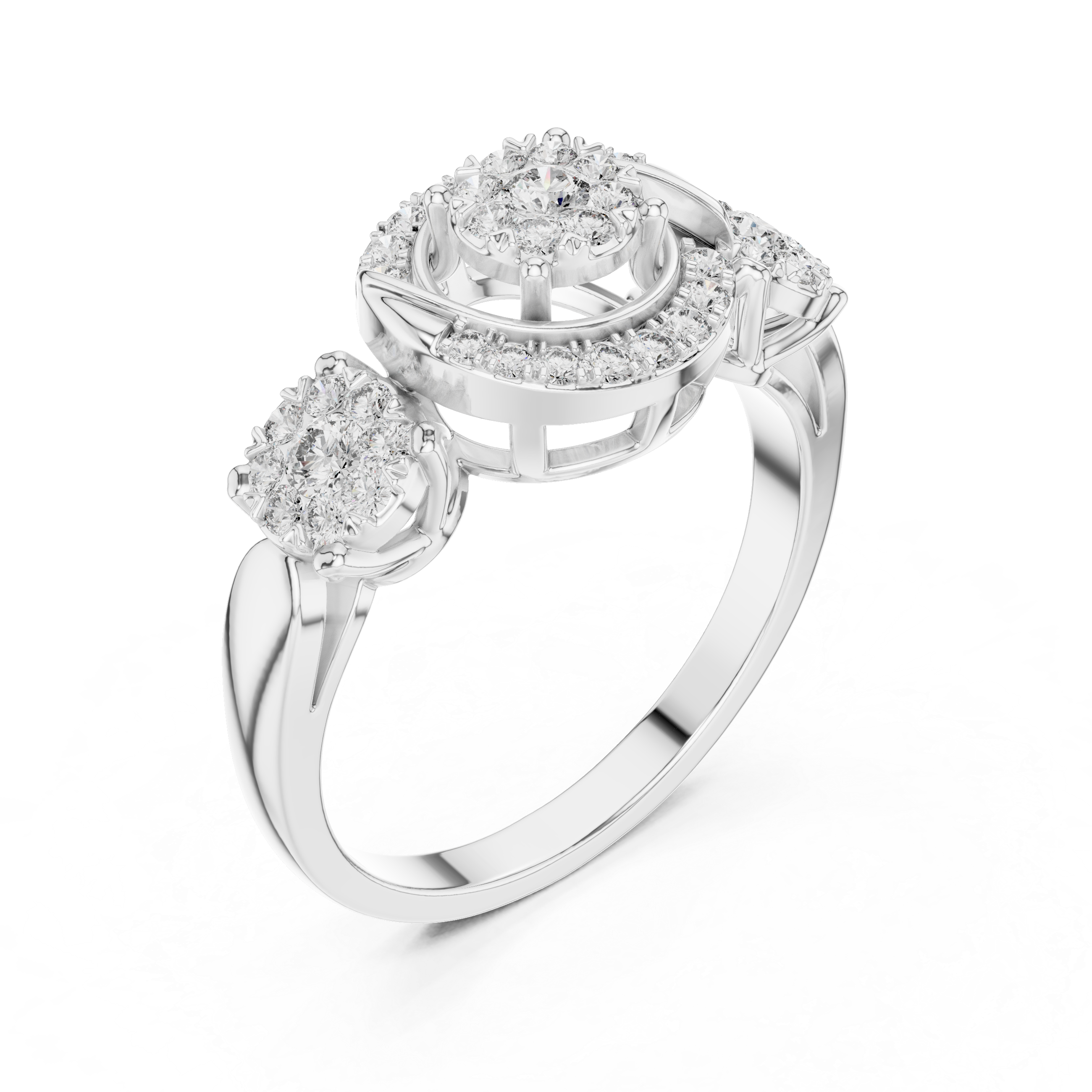 Three-Stone Halo Diamond Ring with Circular Infinity Motif