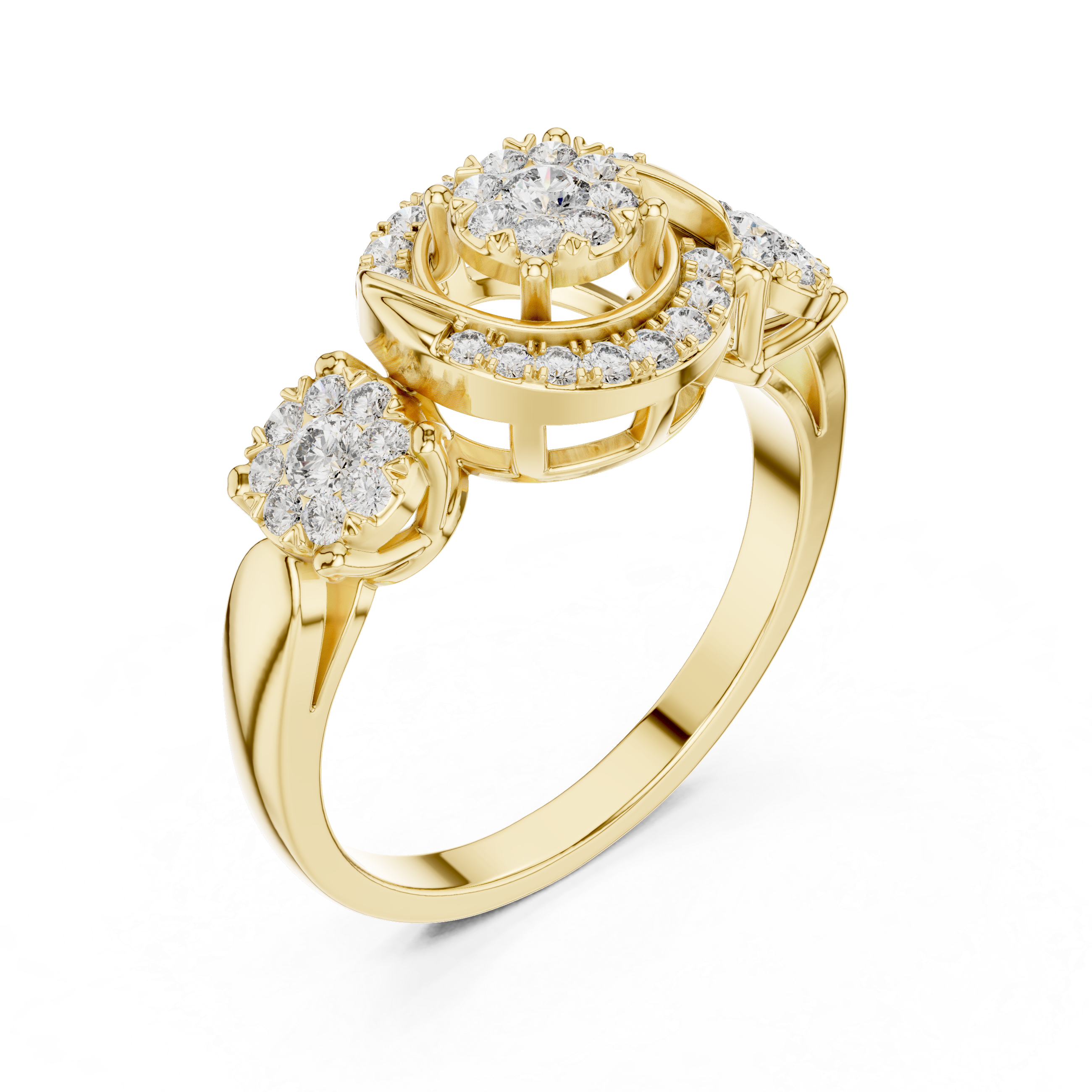 Three-Stone Halo Diamond Ring with Circular Infinity Motif