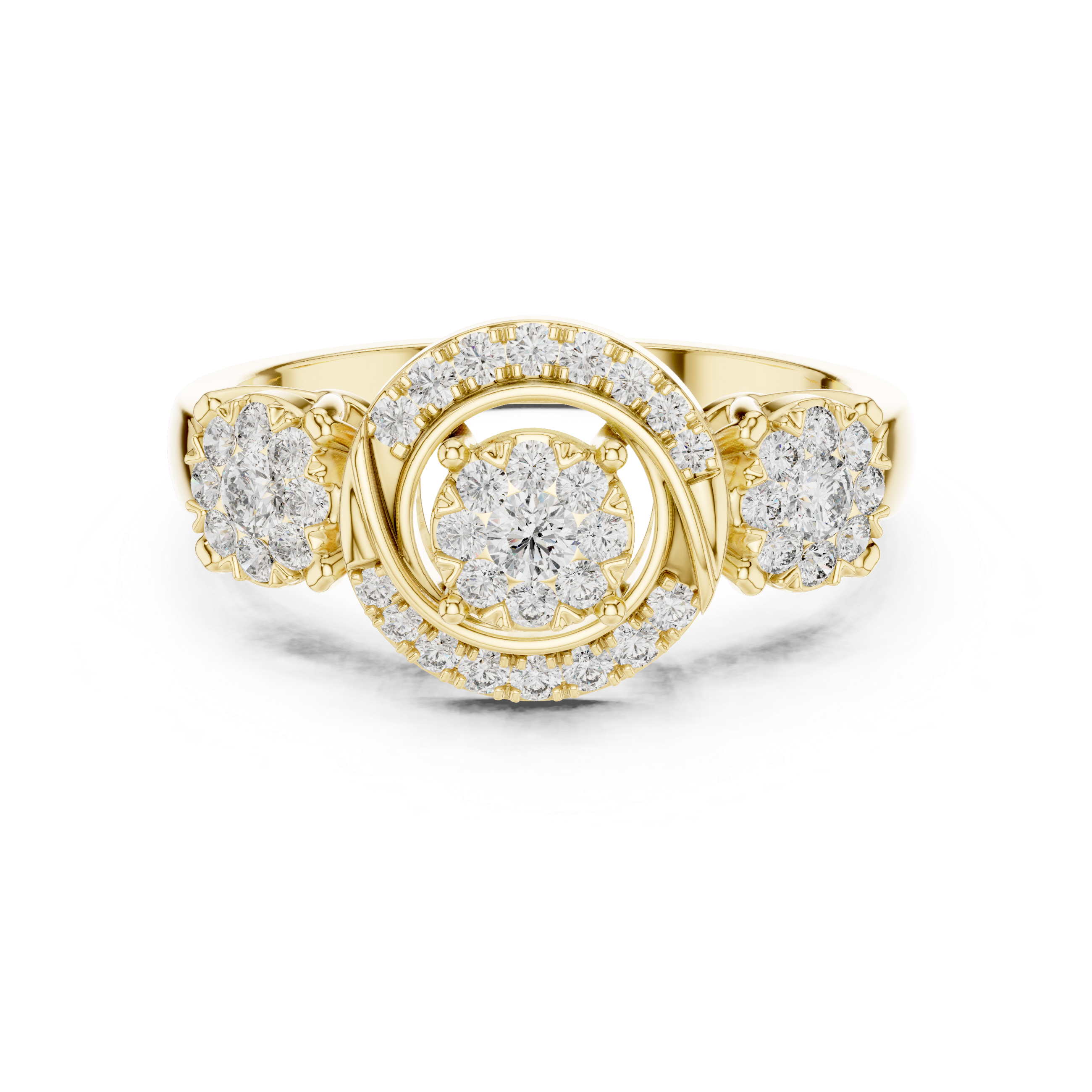 Three-Stone Halo Diamond Ring with Circular Infinity Motif