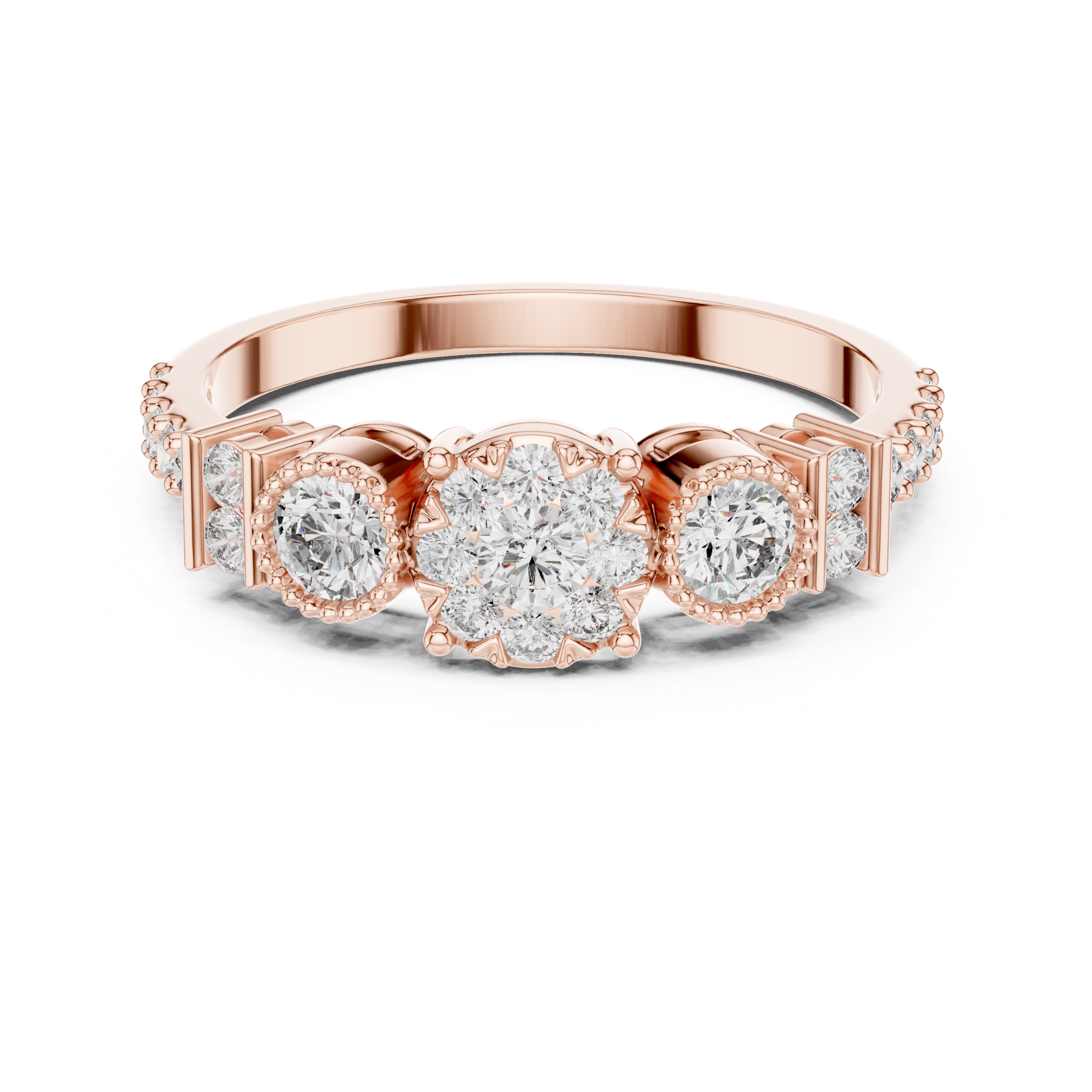 Three-Stone Floral Diamond Ring with Bezel Side Accents