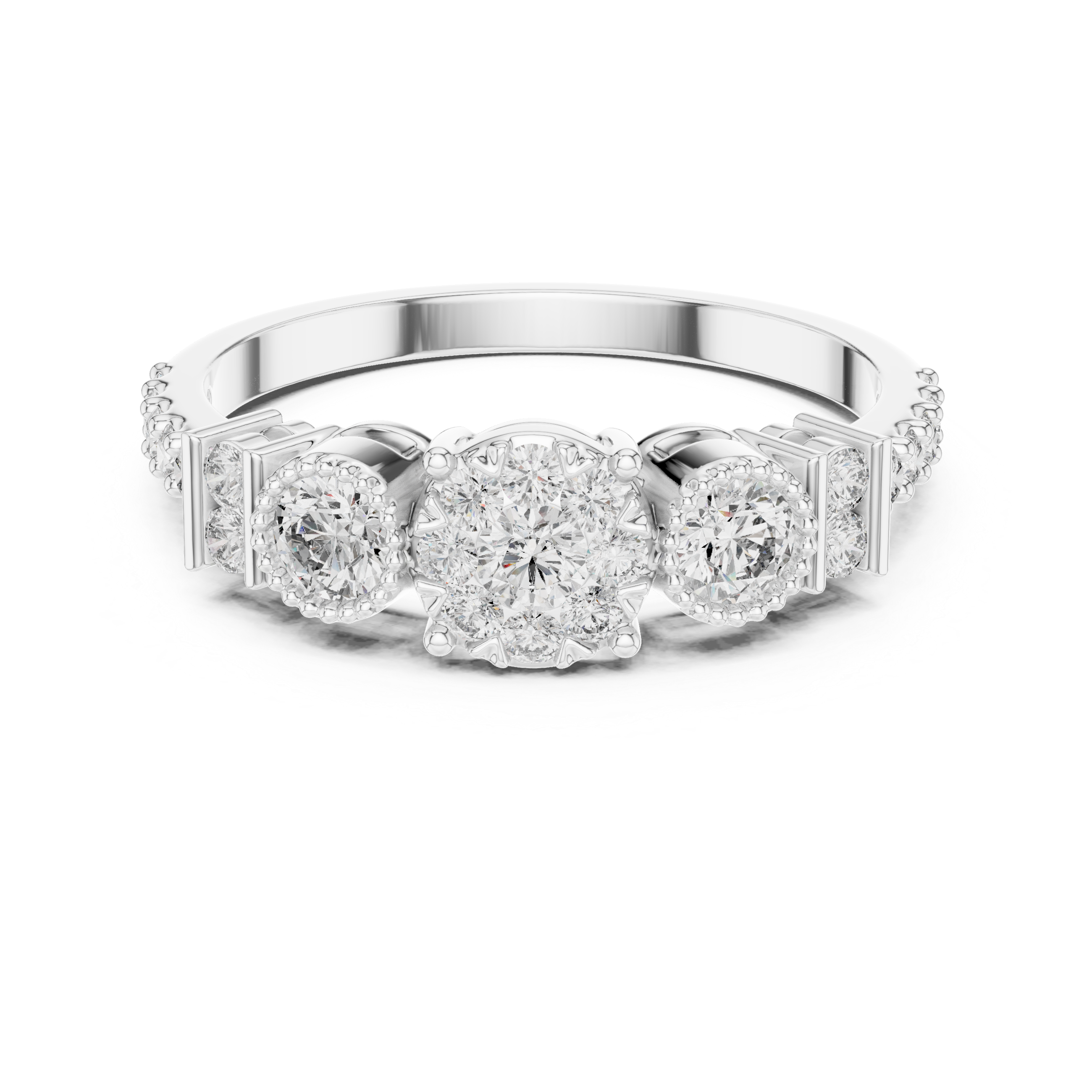 Three-Stone Floral Diamond Ring with Bezel Side Accents