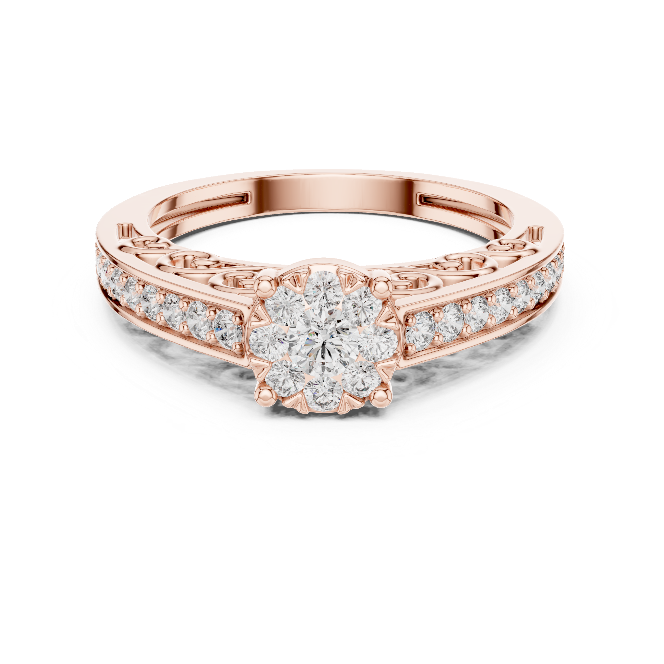 Double Halo Floral Diamond Ring with Twisted Pavé Band